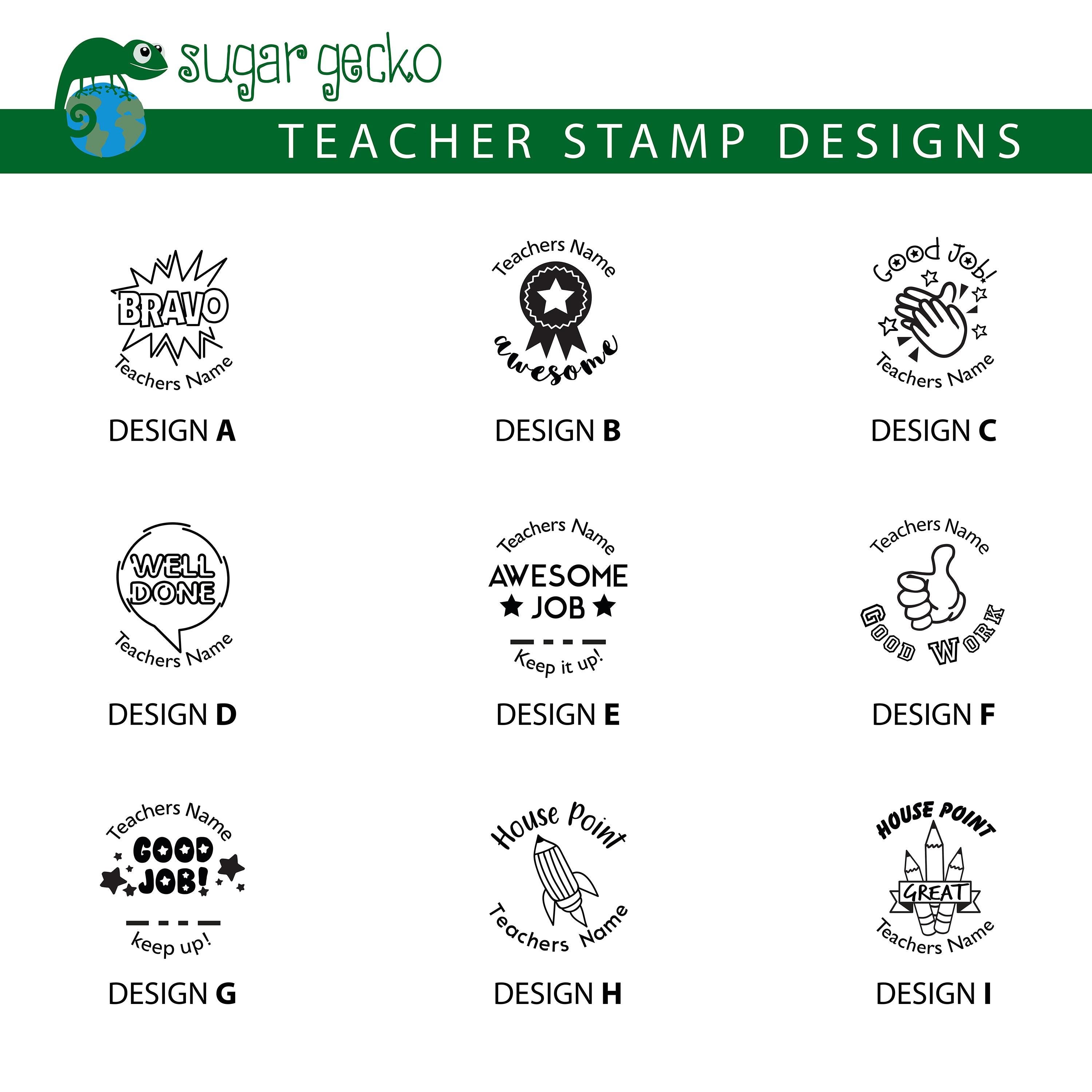 A collage of motivational teacher stamp designs including phrases like 'Good Job' and 'Well Done' for educational feedback.