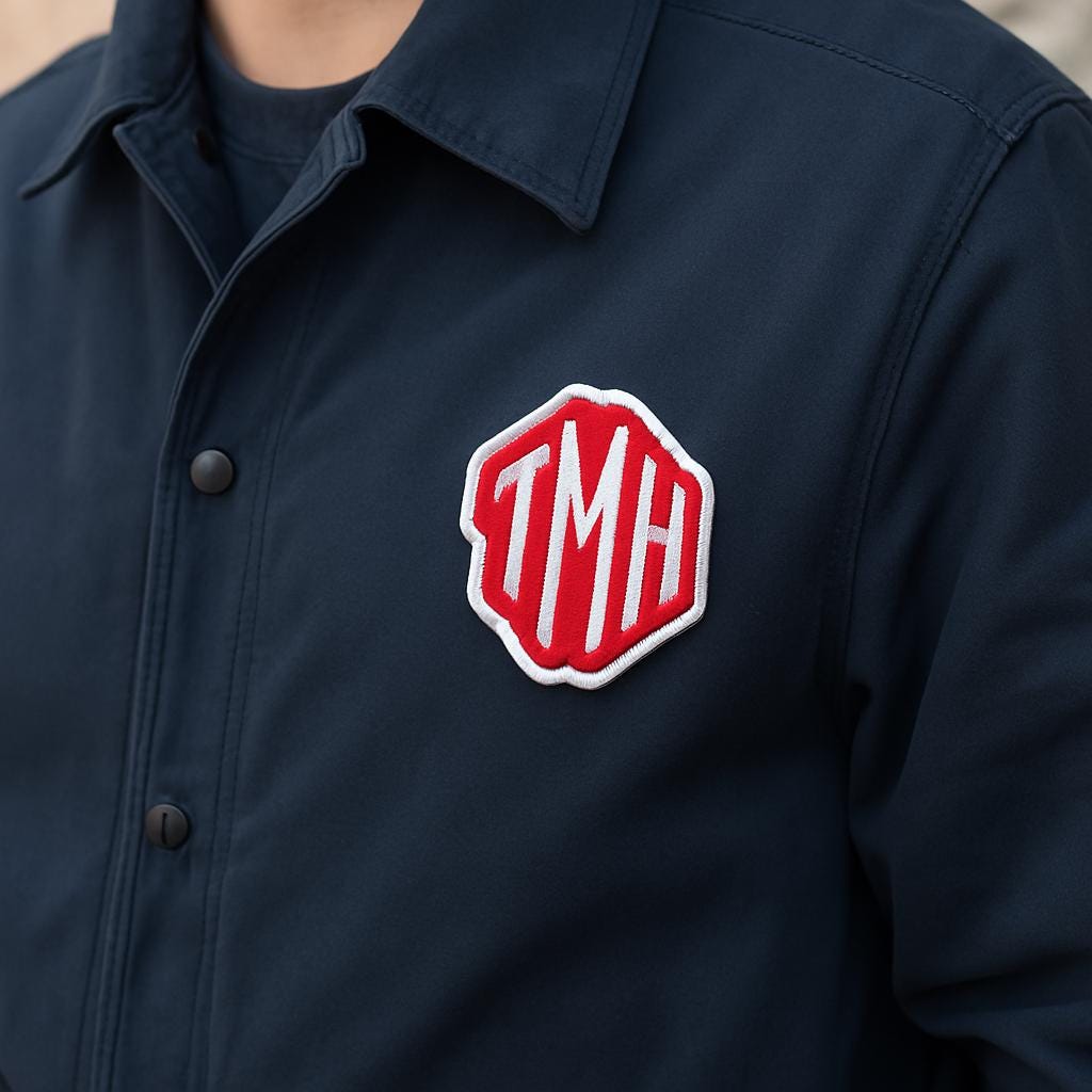 Personalized embroidered monogram patch in red and white on a navy jacket, showcasing vivid colors and design.