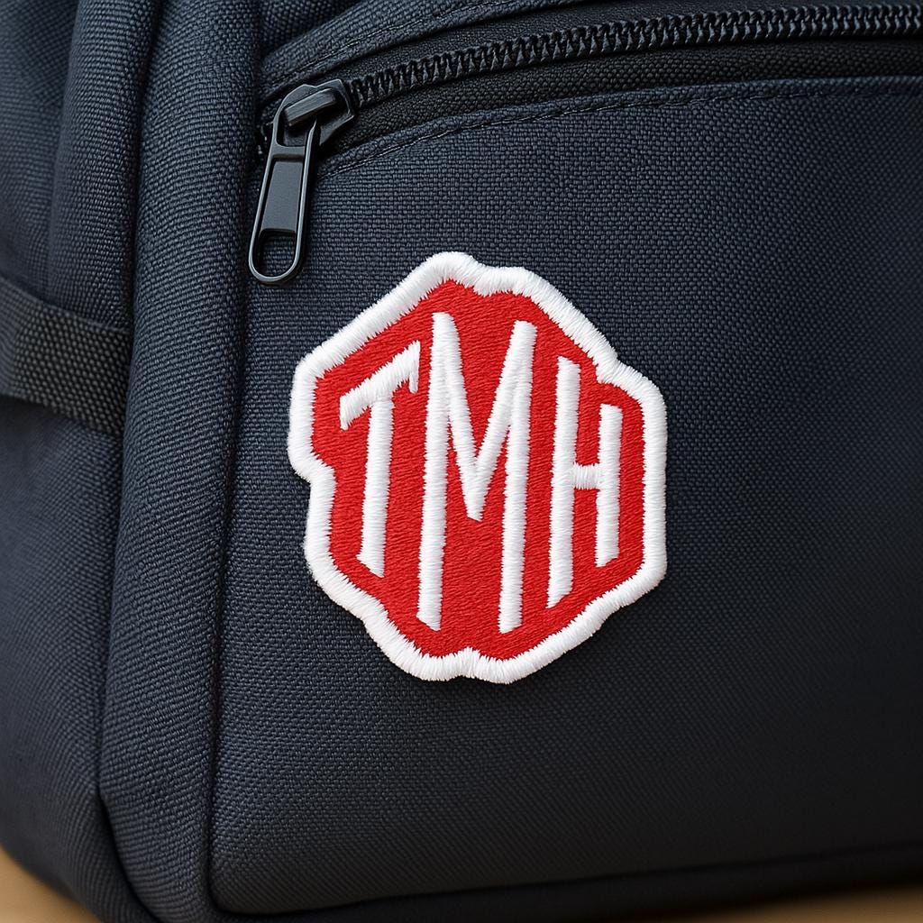 Personalised embroidered monogram patch on a black bag, featuring the initials TMH in vibrant red and white.