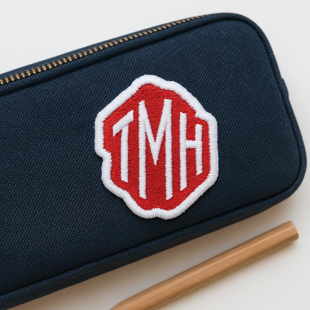 Personalised embroidered monogram patch TMH on a blue pencil case, showcasing vibrant colors and detailed design.