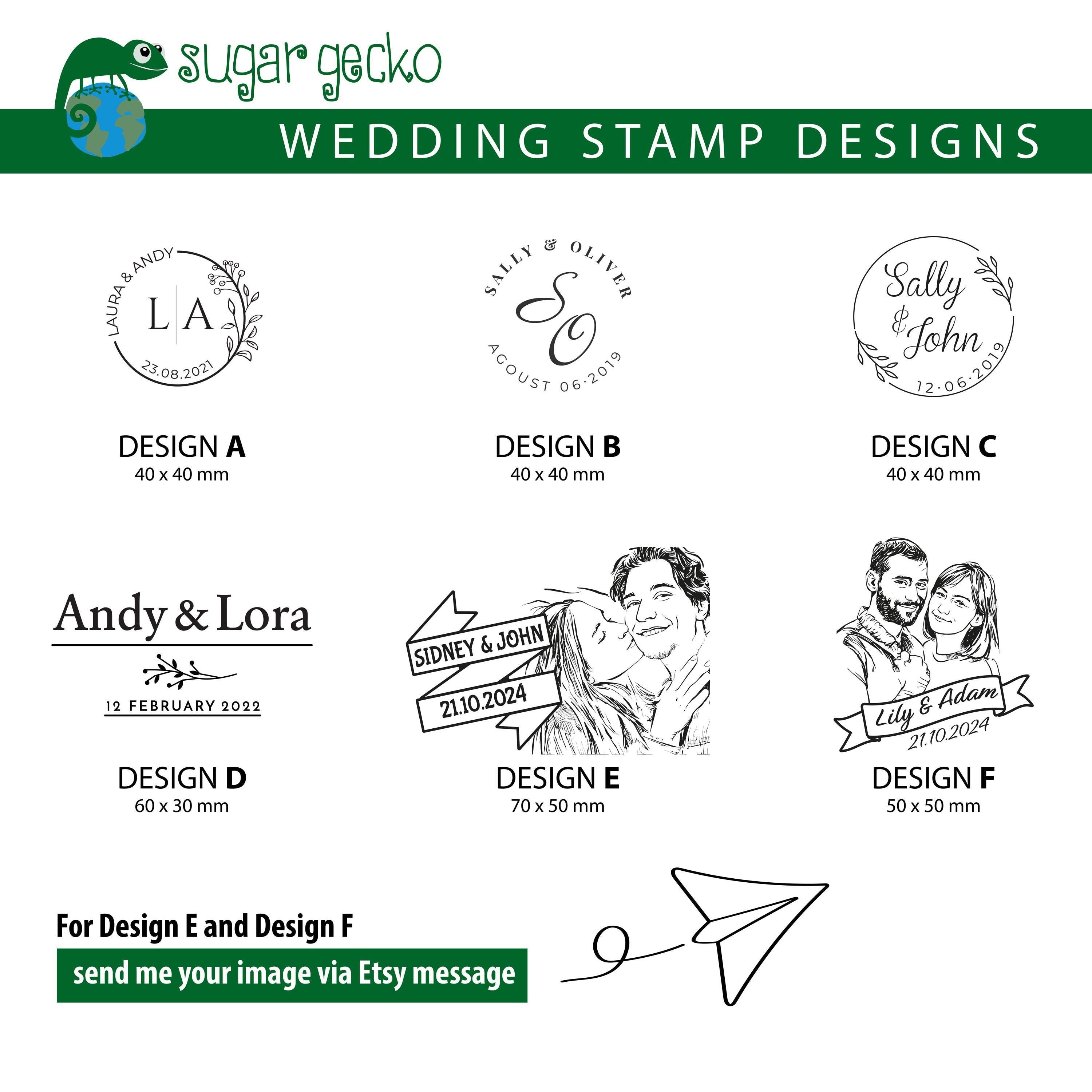 Variety of wedding stamp designs featuring personalized options for custom stationery and decor by Sugar Gecko.