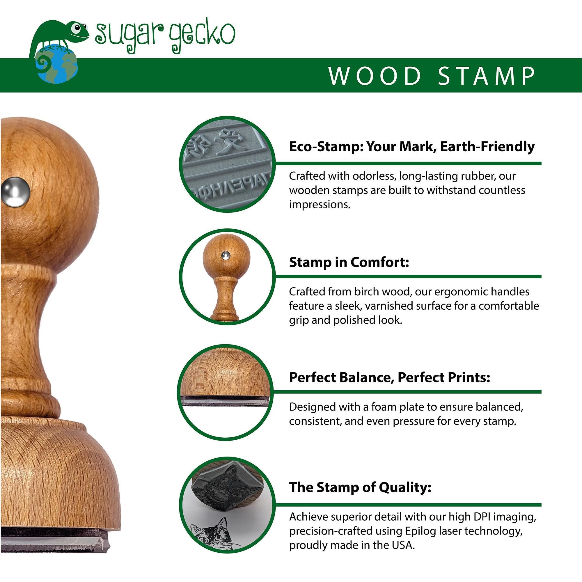 Eco-friendly wood stamp with ergonomic handle for comfortable use and precise impressions, ideal for wedding stationery.