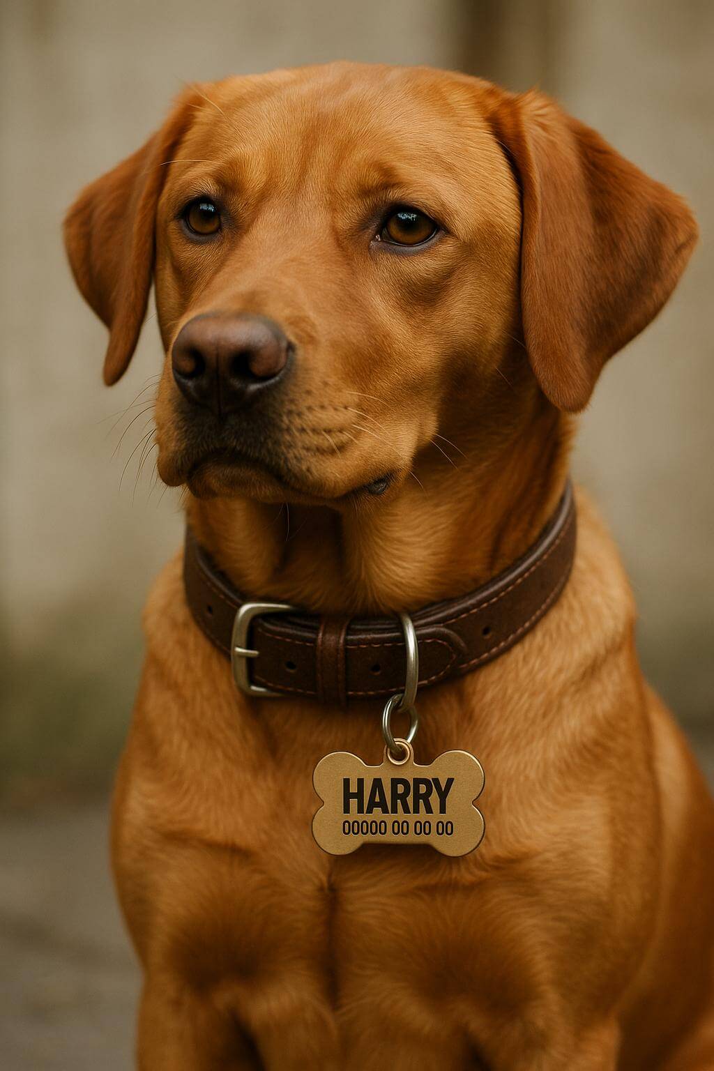 Labrador dog wearing personalized leather bone-shaped ID tag with custom engraving.