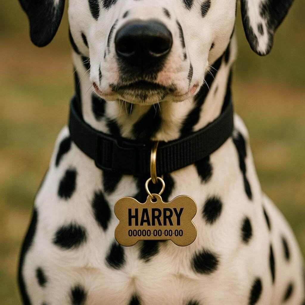 Dalmatian dog wearing a personalised leather bone-shaped ID tag with engraved name.