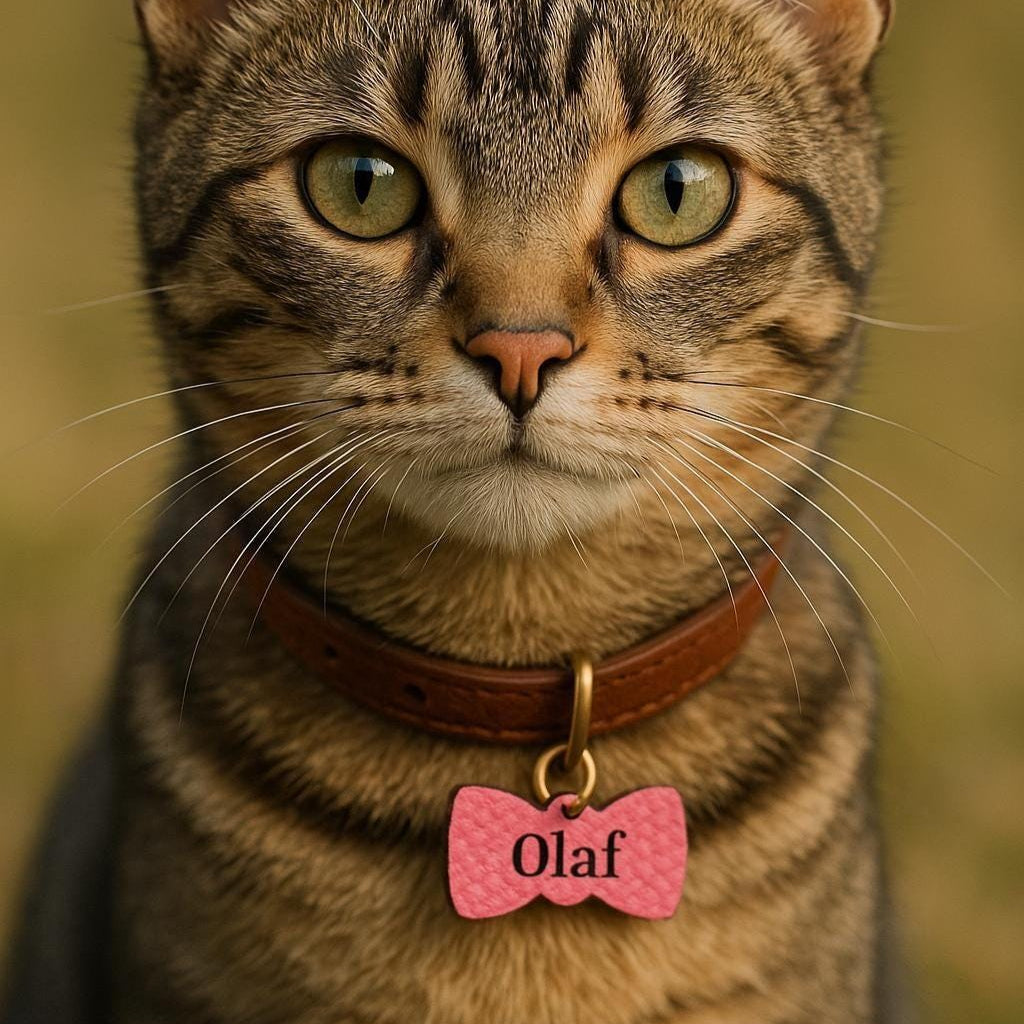 Tabby cat wearing a personalized pink leather name tag with bow tie design, featuring the name 'Olaf'.