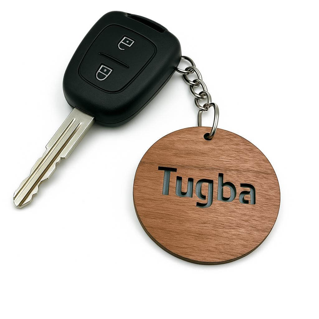 Custom solid walnut wooden keychain with indelible engraving, personalized gift keyring.