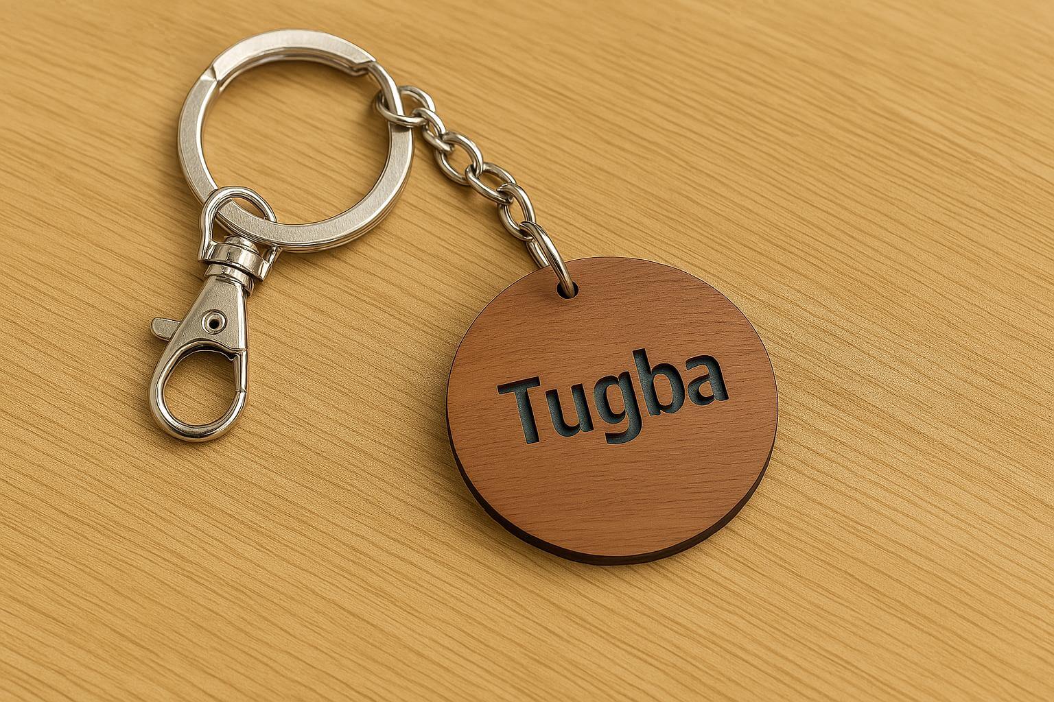 Custom solid walnut wooden keychain with engraved name 'Tugba' on a circular pendant.