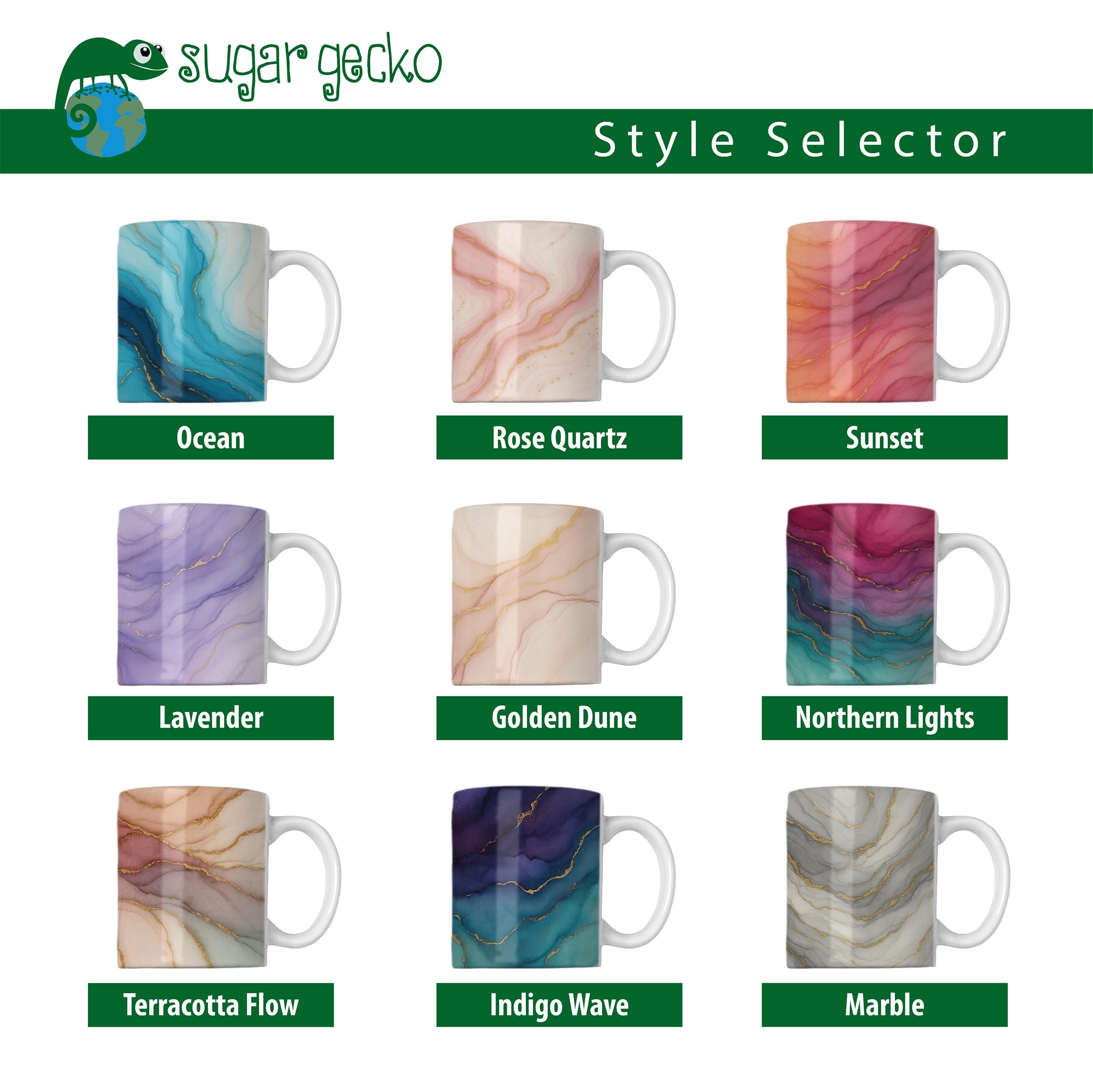 Collection of custom mugs with marble patterns: Ocean, Rose Quartz, Sunset, Lavender, Golden Dune, Northern Lights, Terracotta Flow, Indigo Wave.