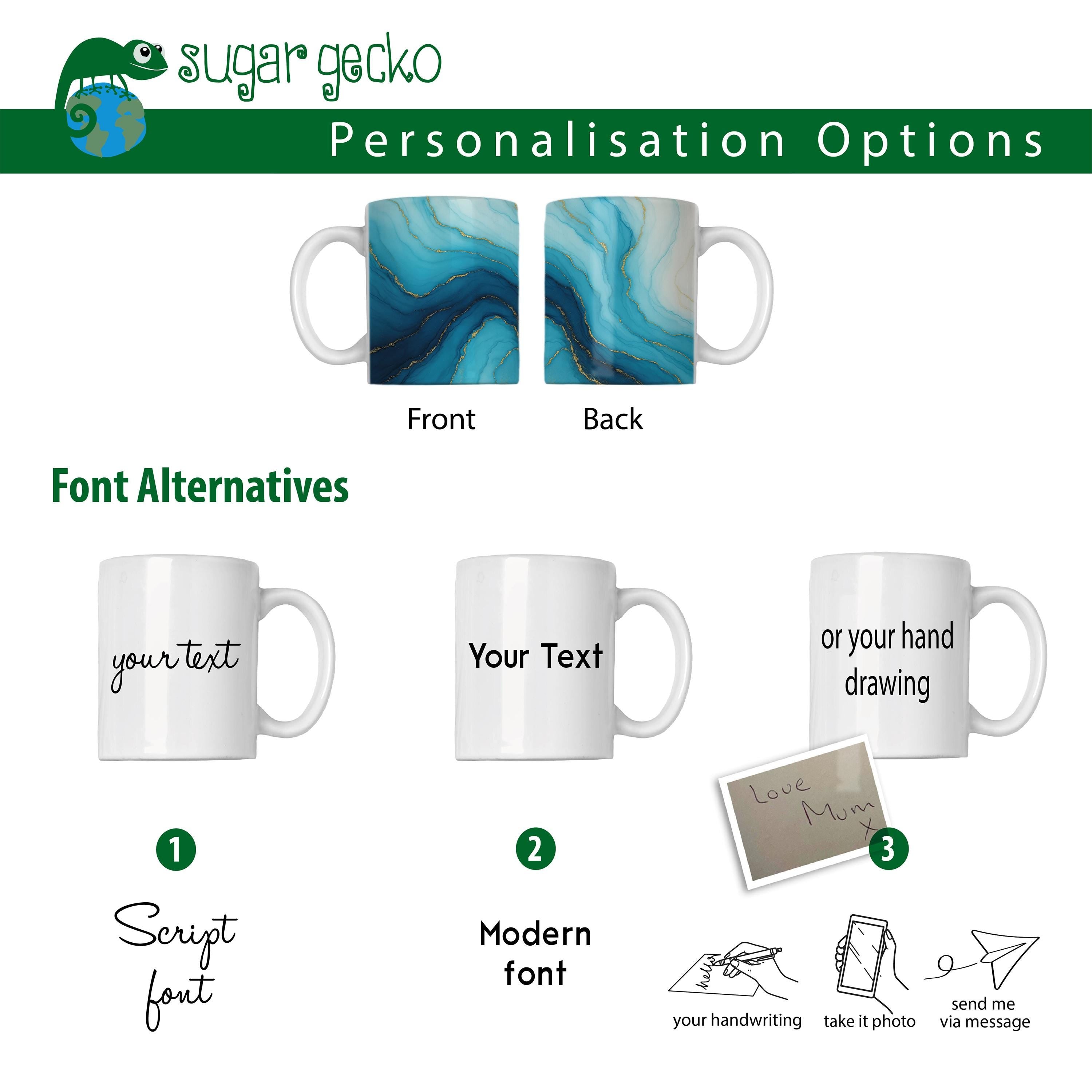 Custom handwriting mug personalization options showcasing front and back designs with font alternatives.
