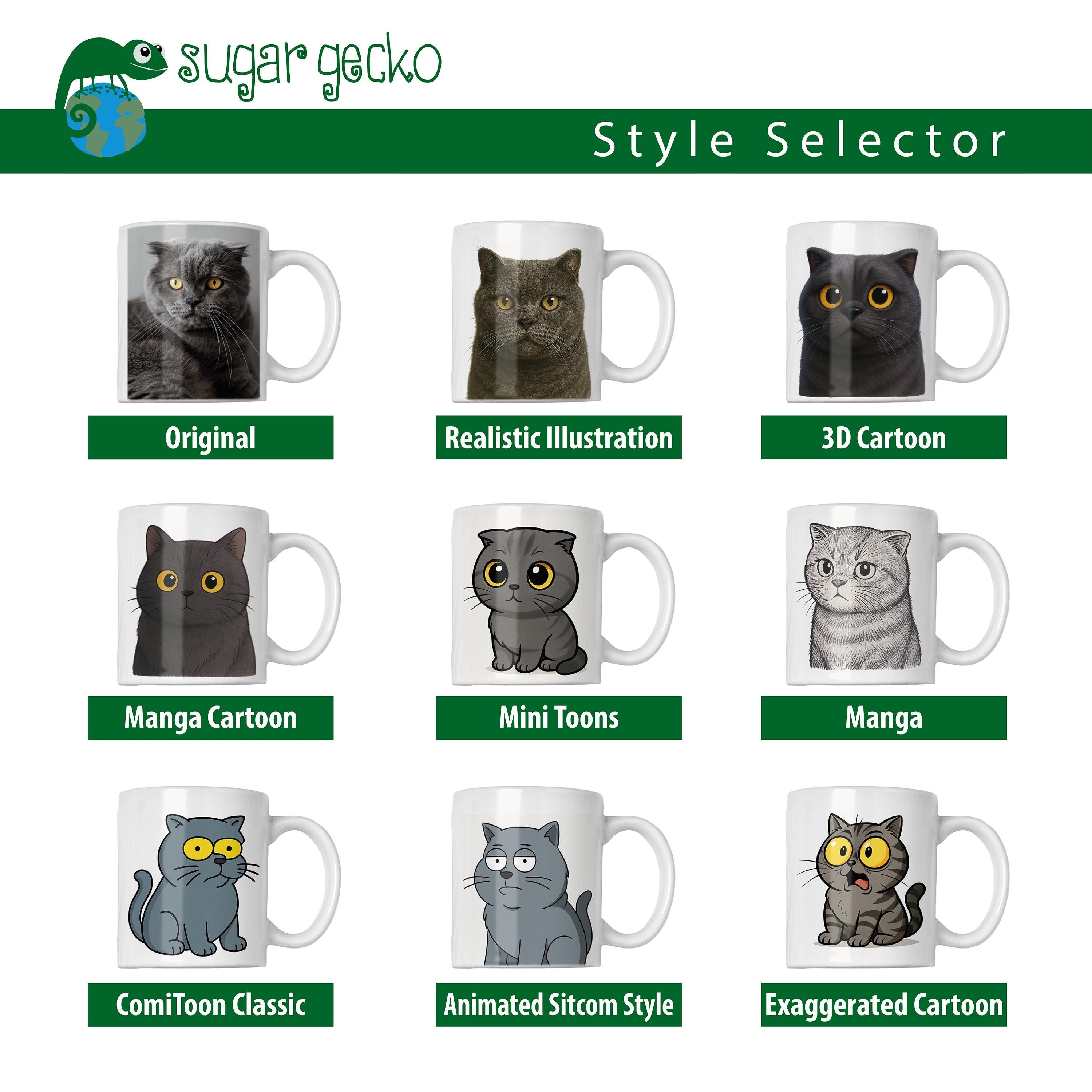 Style selector for personalised pet photo mugs featuring different art styles including 3D cartoon and manga.