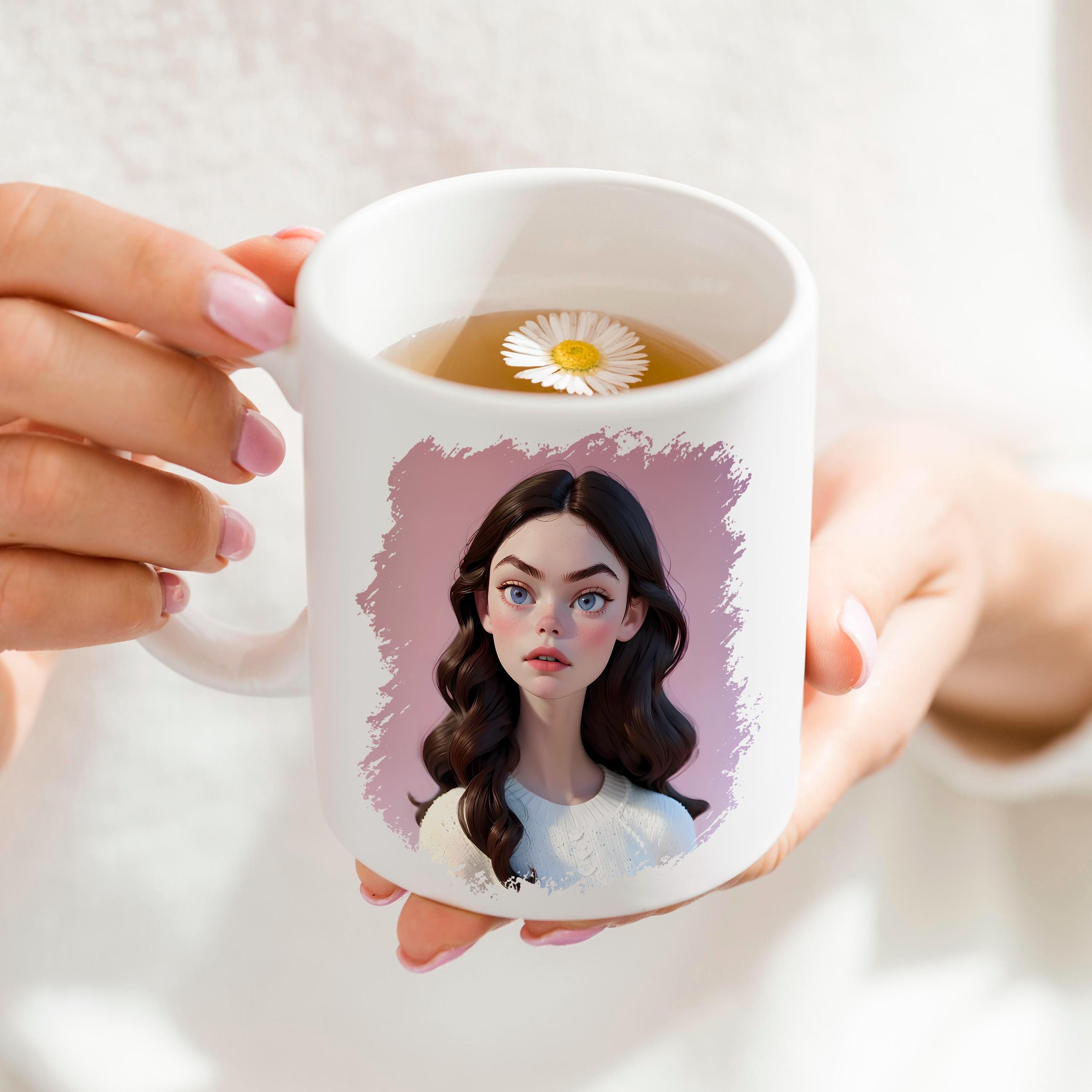 Custom 3D cartoon portrait on a white mug held by a person, perfect for unique gifts and personalized artwork.