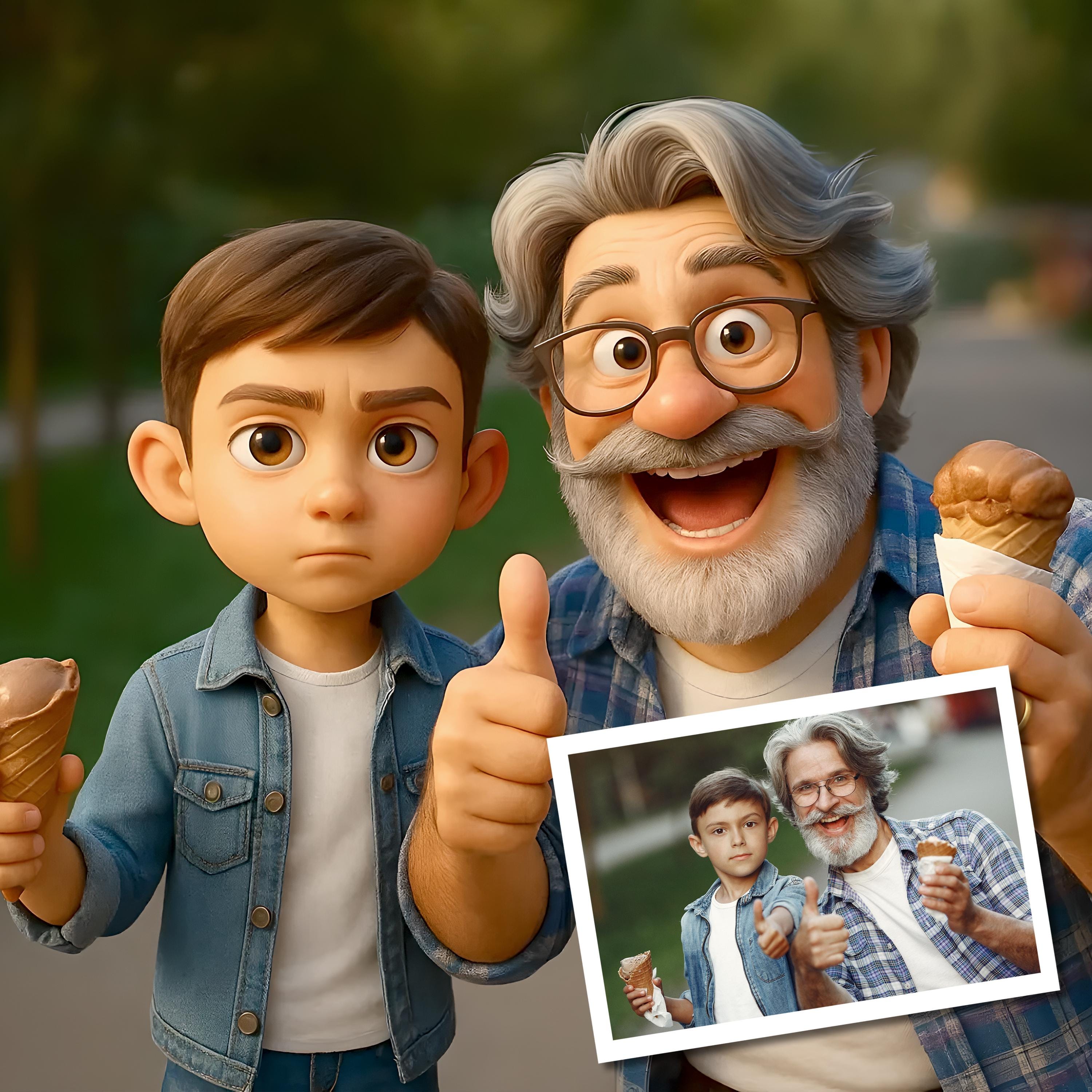 Custom 3D cartoon portrait of a boy and grandfather enjoying ice cream, featuring a photo of them together.