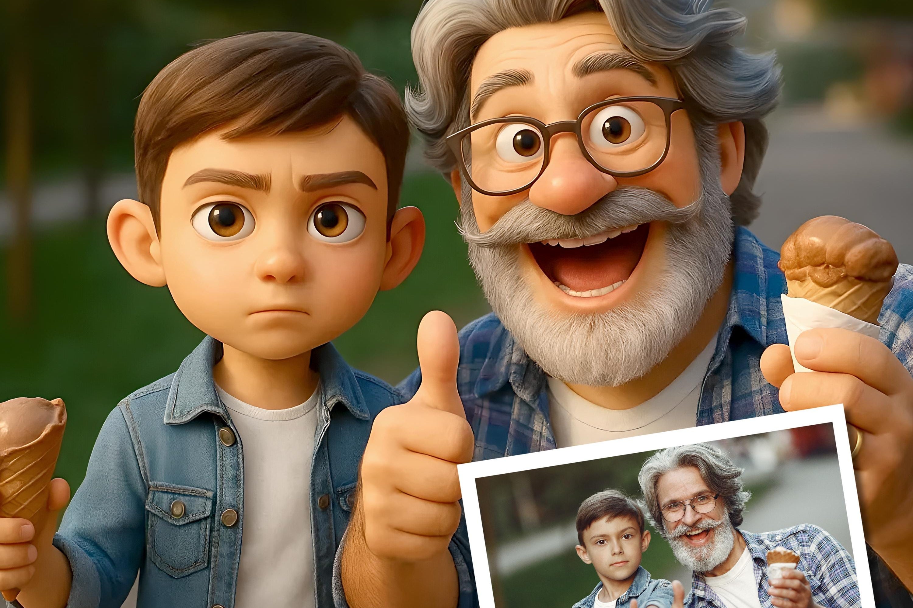 Custom 3D cartoon portrait of a boy and a grandfather enjoying ice cream, featuring original photo.
