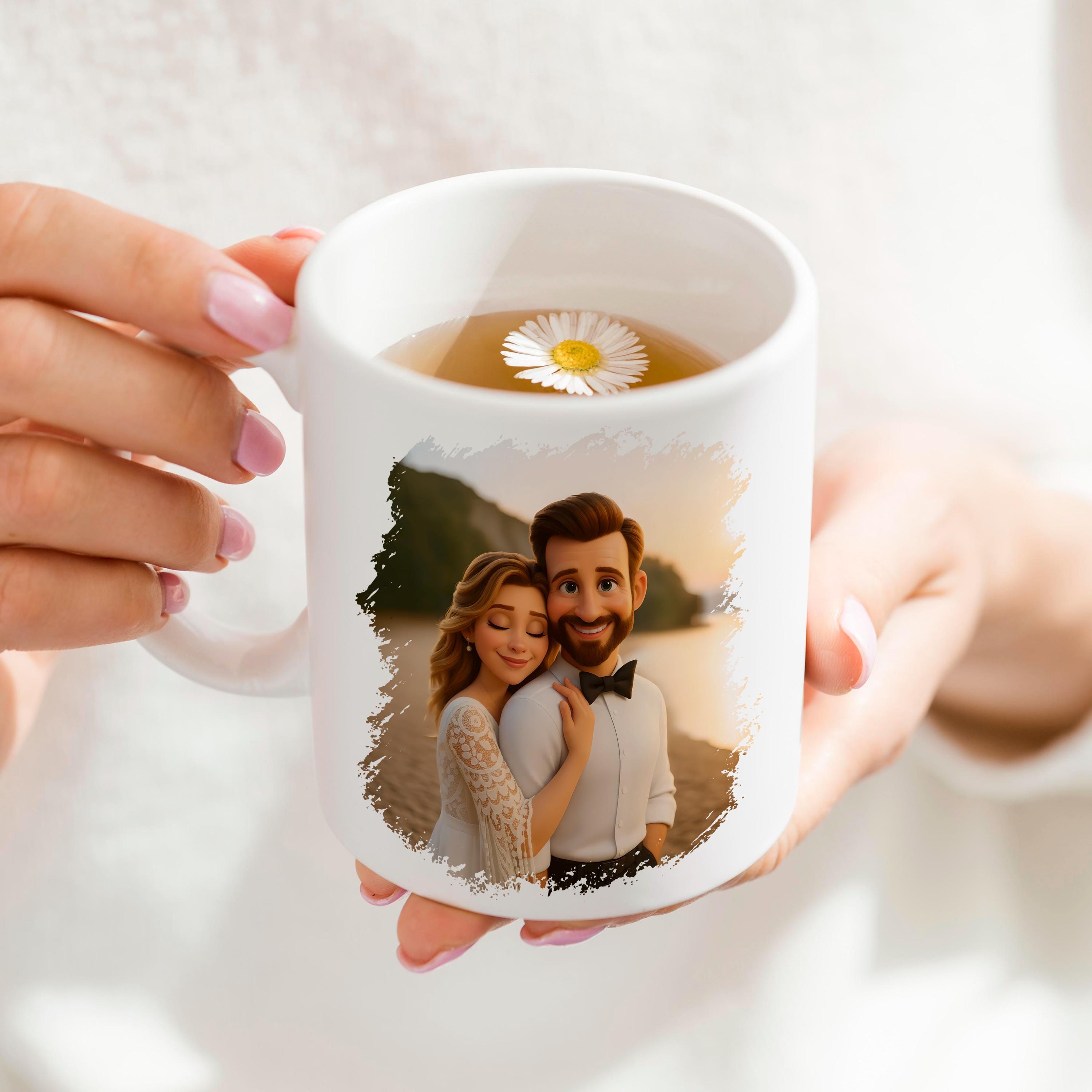 Custom 3D cartoon portrait printed mug featuring a couple, perfect personalized gift for loved ones.