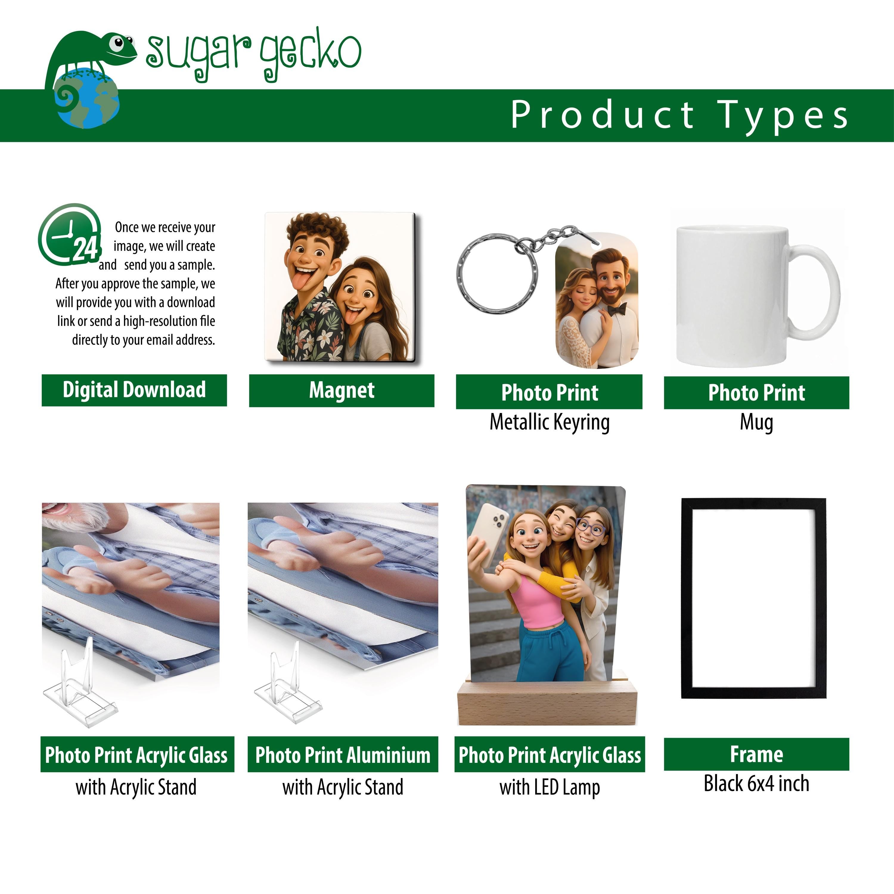 Custom 3D cartoon portrait gift options: magnet, mug, acrylic print, aluminum print, photo frame.