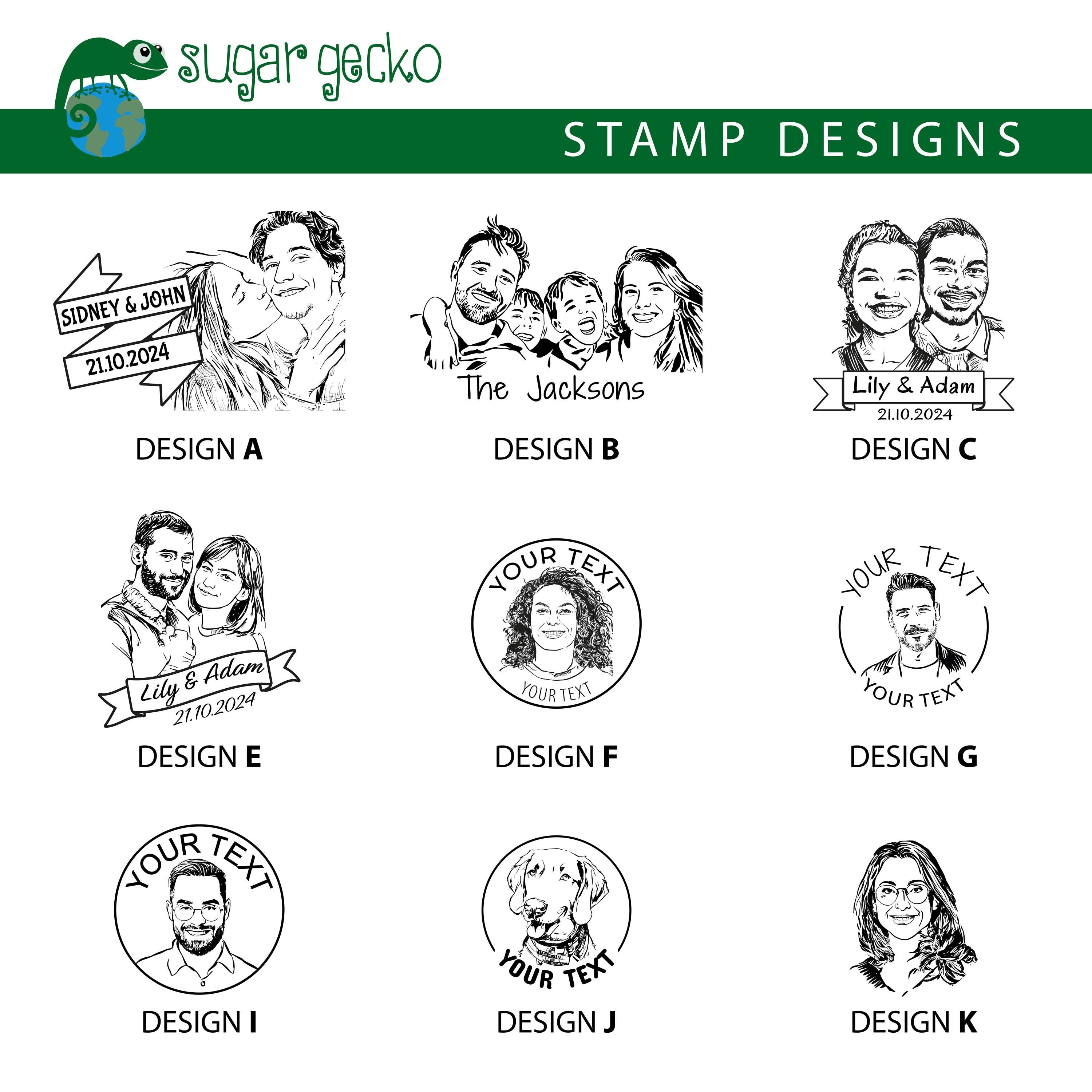 Custom portrait stamp design options featuring couples, families, and personalized text for various occasions.