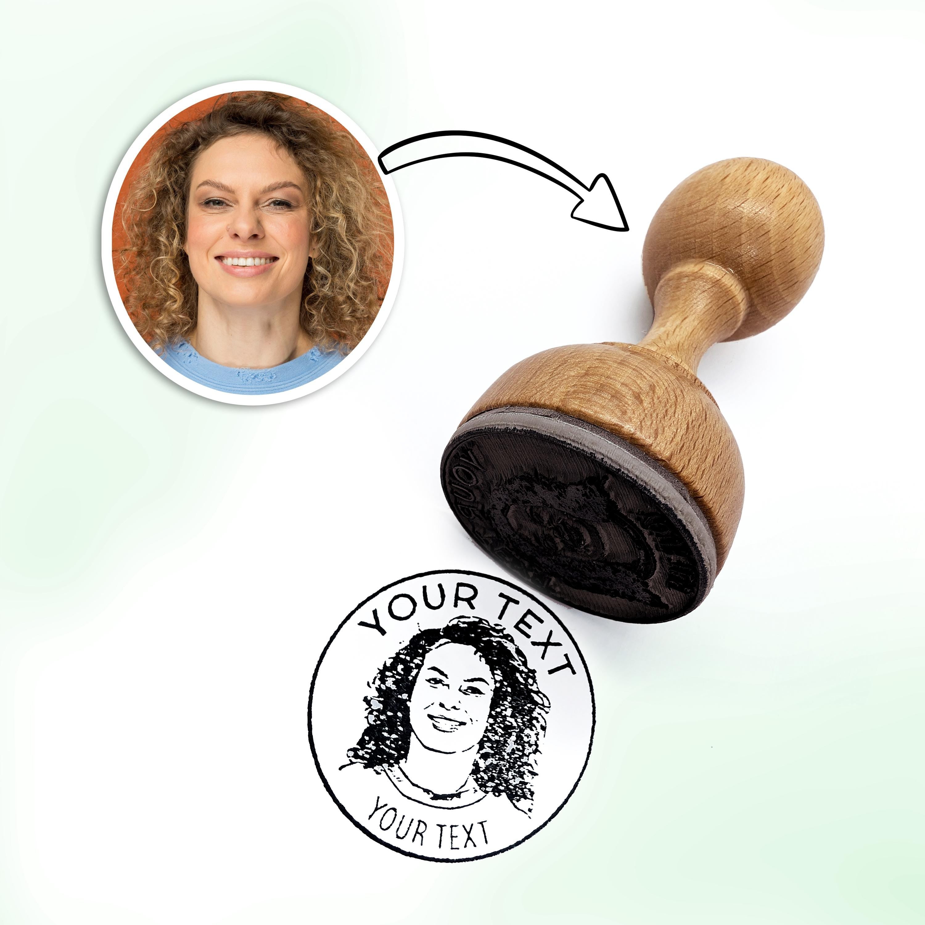 Custom portrait rubber stamp transformation from photo, featuring a hand-drawn design with personalized text.