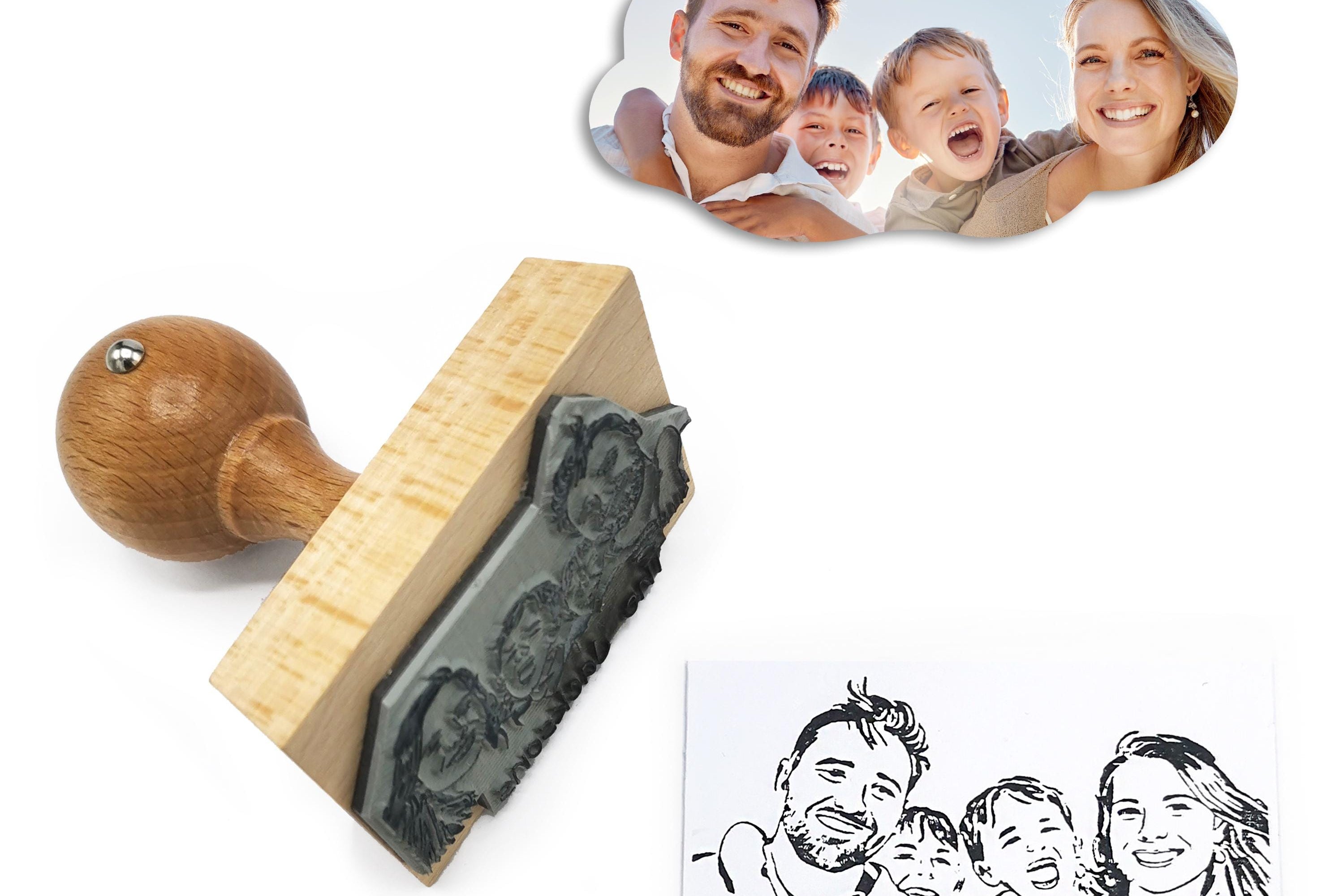 Custom portrait stamp with hand-drawn family design and photo of happy family, perfect for gifts or stationery.
