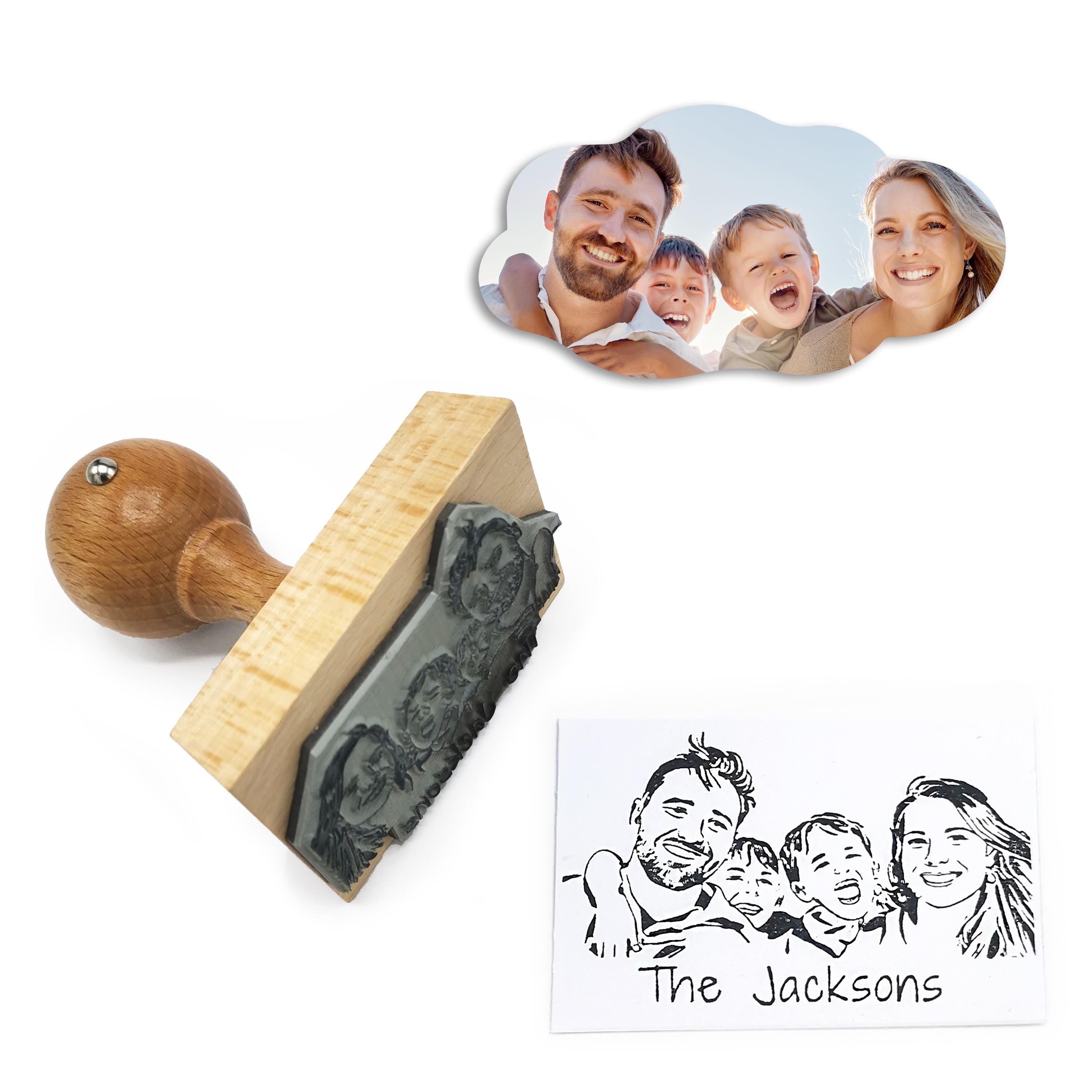 Custom portrait stamp with hand-drawn family design and photo of happy family, perfect for gifts or stationery.