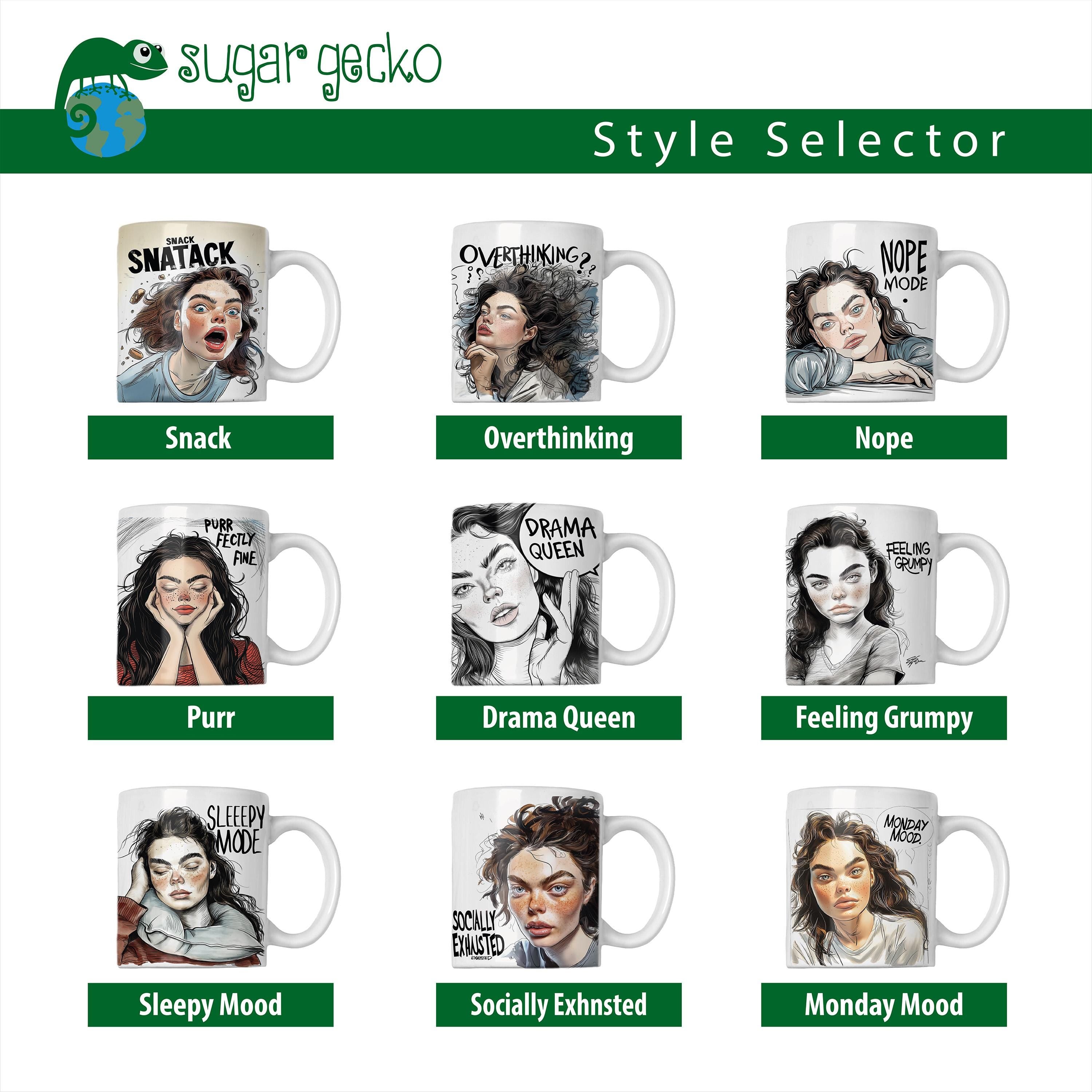 Custom Mood Coffee Mug styles: Snack Attack, Overthinking, Nope, Purr, Drama Queen, Feeling Grumpy, Sleepy Mood, Socially Exhstened, Monday Mood.