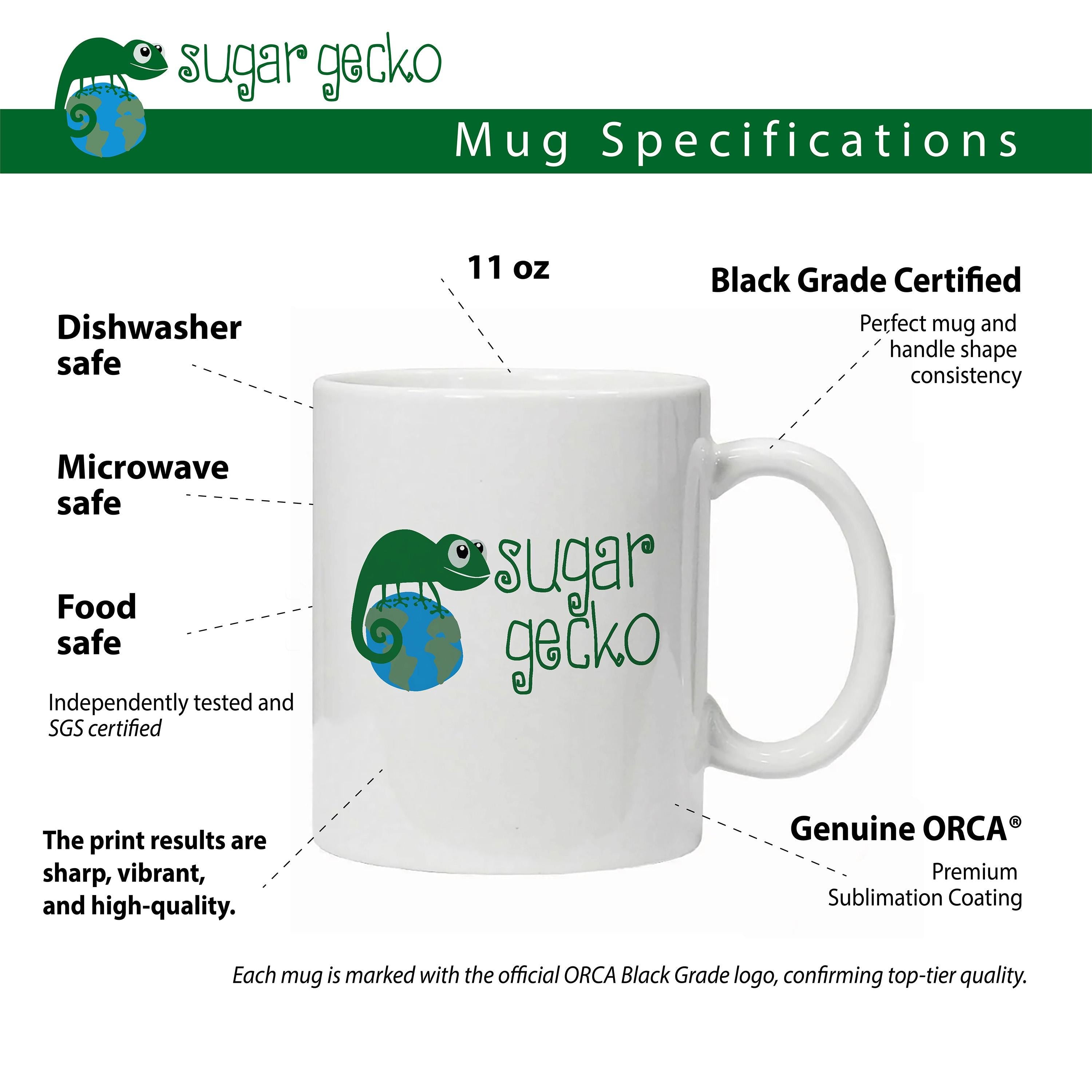 Sugar Gecko mug specifications including dishwasher safe, microwave safe, food safe, and premium quality info.
