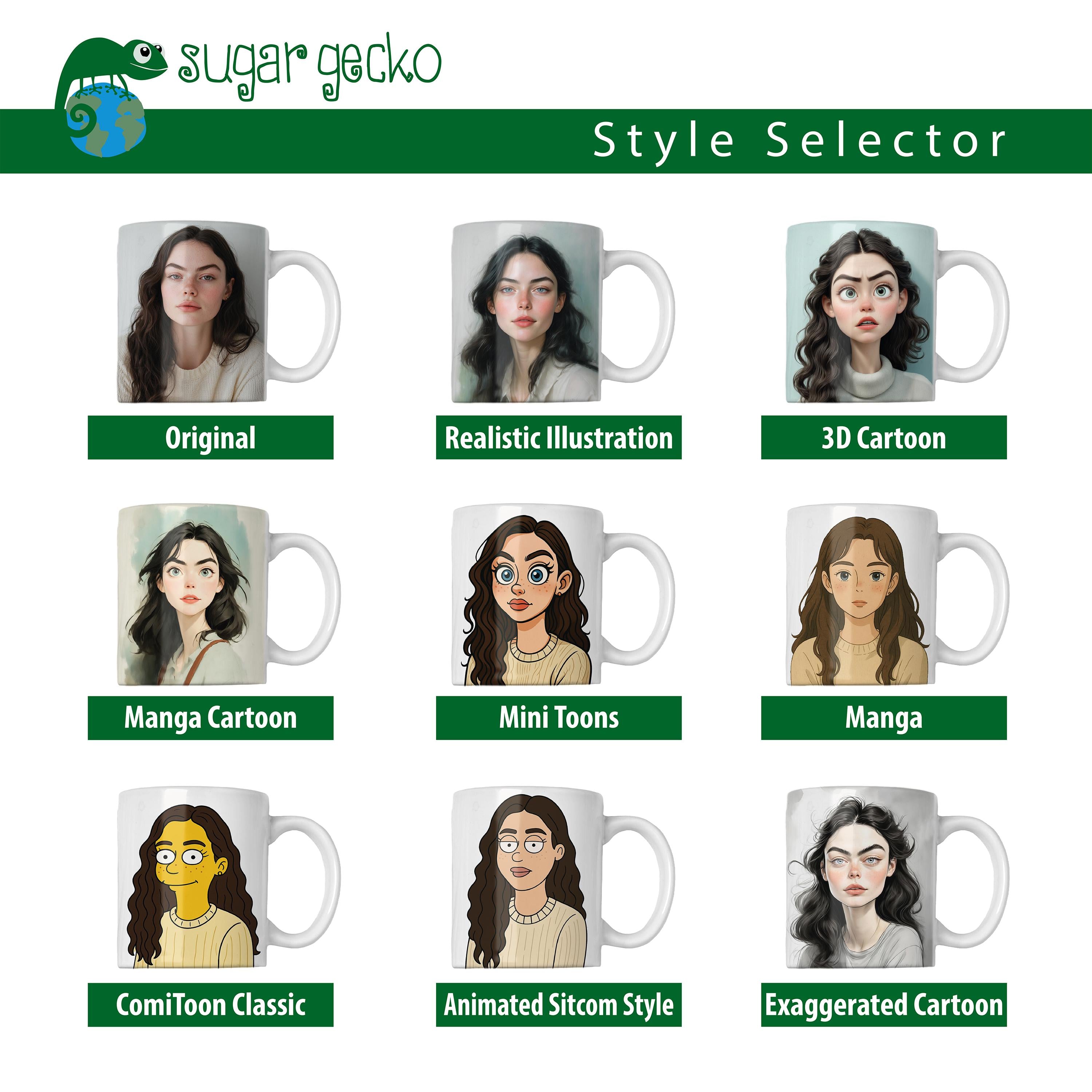 Selection of styles for custom portrait mugs, including original, realistic, 3D cartoon, manga, and more.