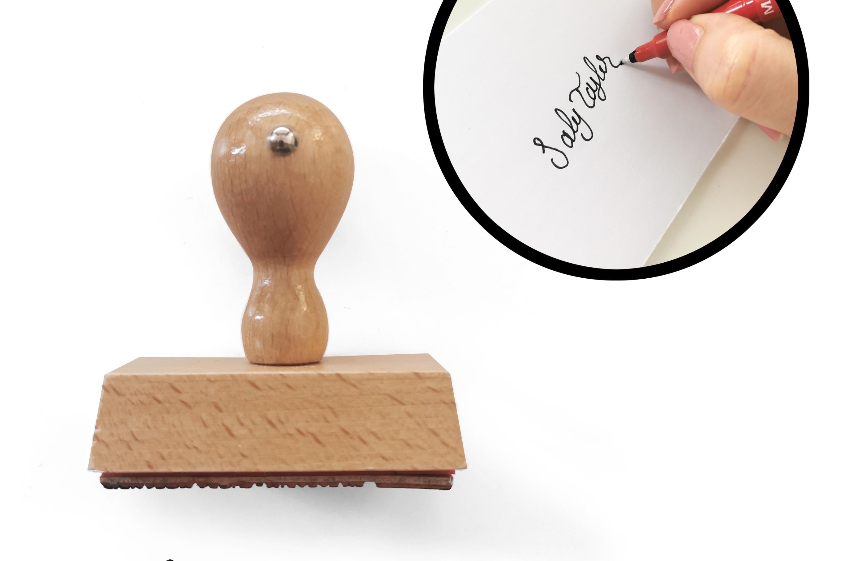 Custom signature stamp with beech wood handle and handwritten example for branding or wedding invites.