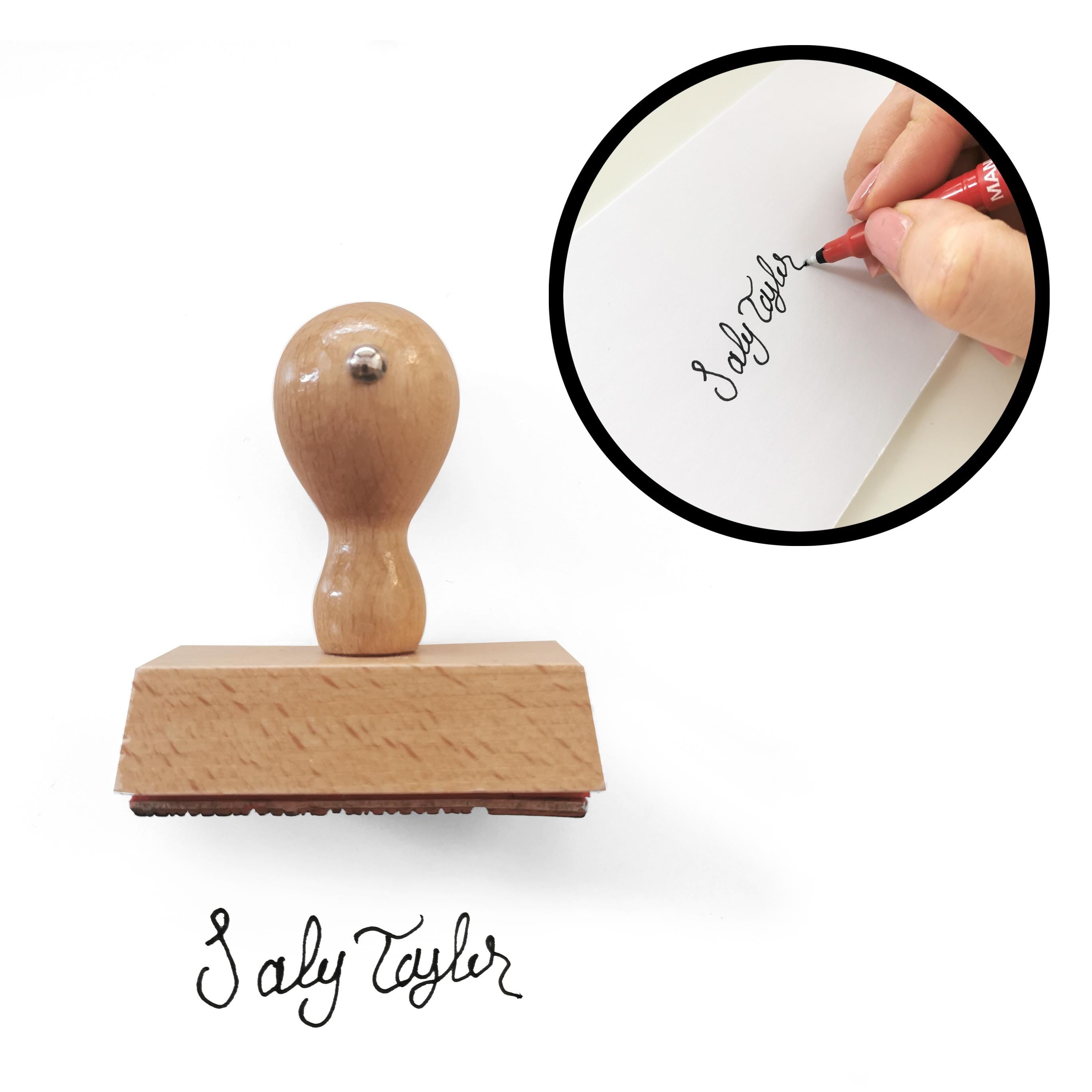 Custom signature stamp with beech wood handle and handwritten example for branding or wedding invites.