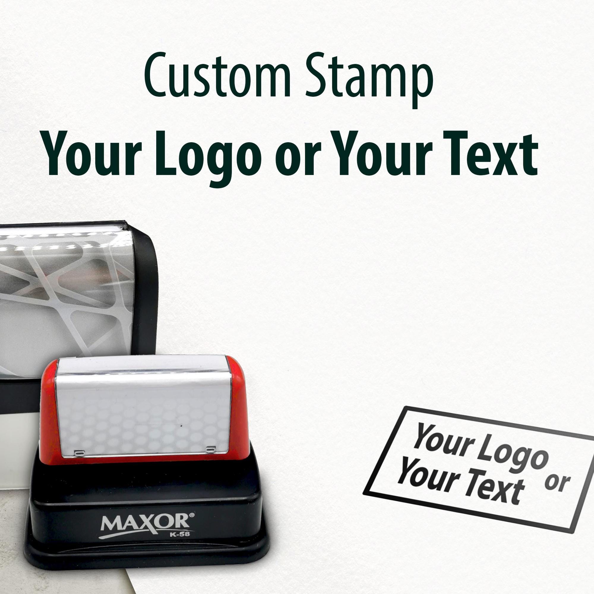 Custom pre-inked stamp showcasing your logo or text for branding and packaging.
