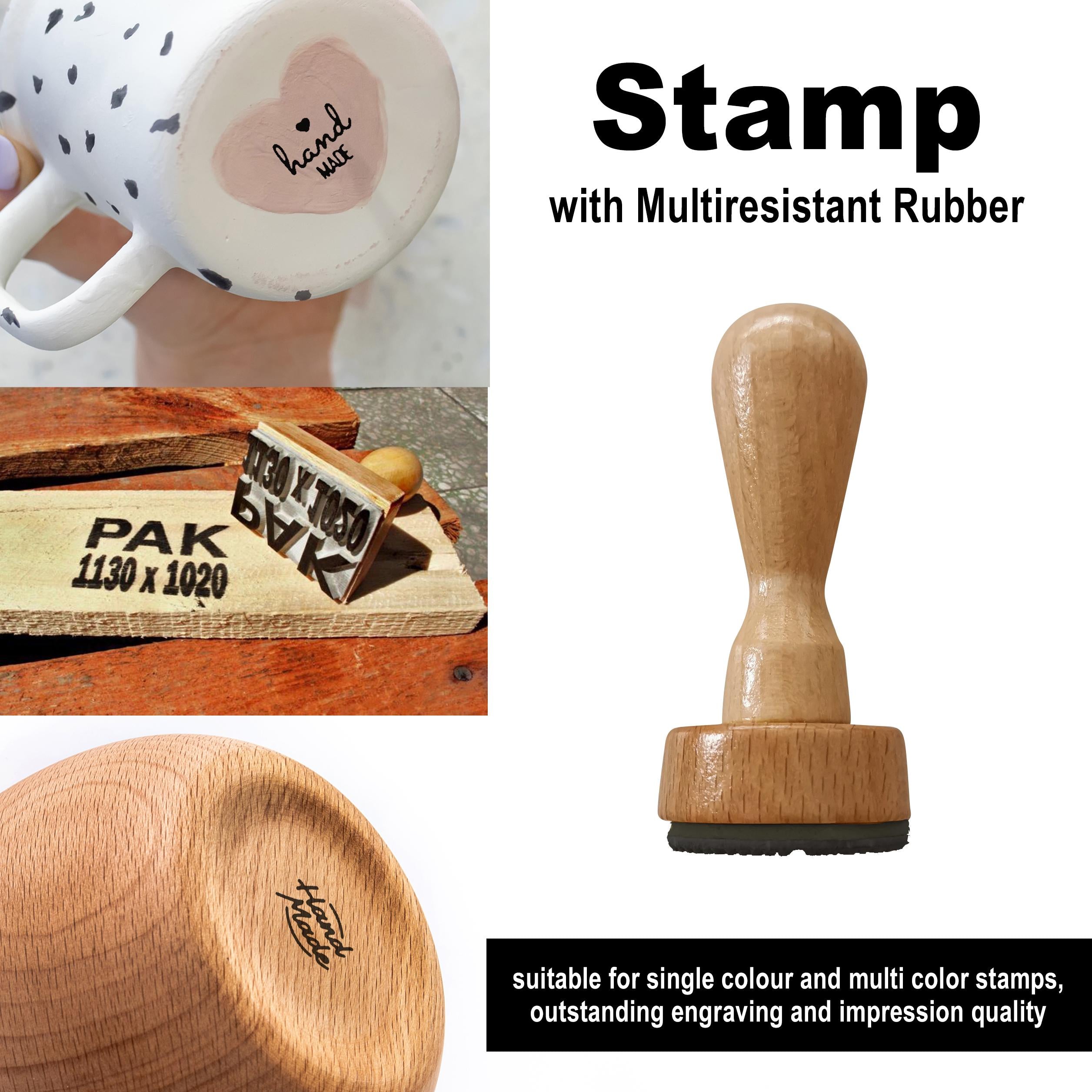 Custom hard surface stamp with multiresistant rubber, suitable for vibrant impressions on various materials.