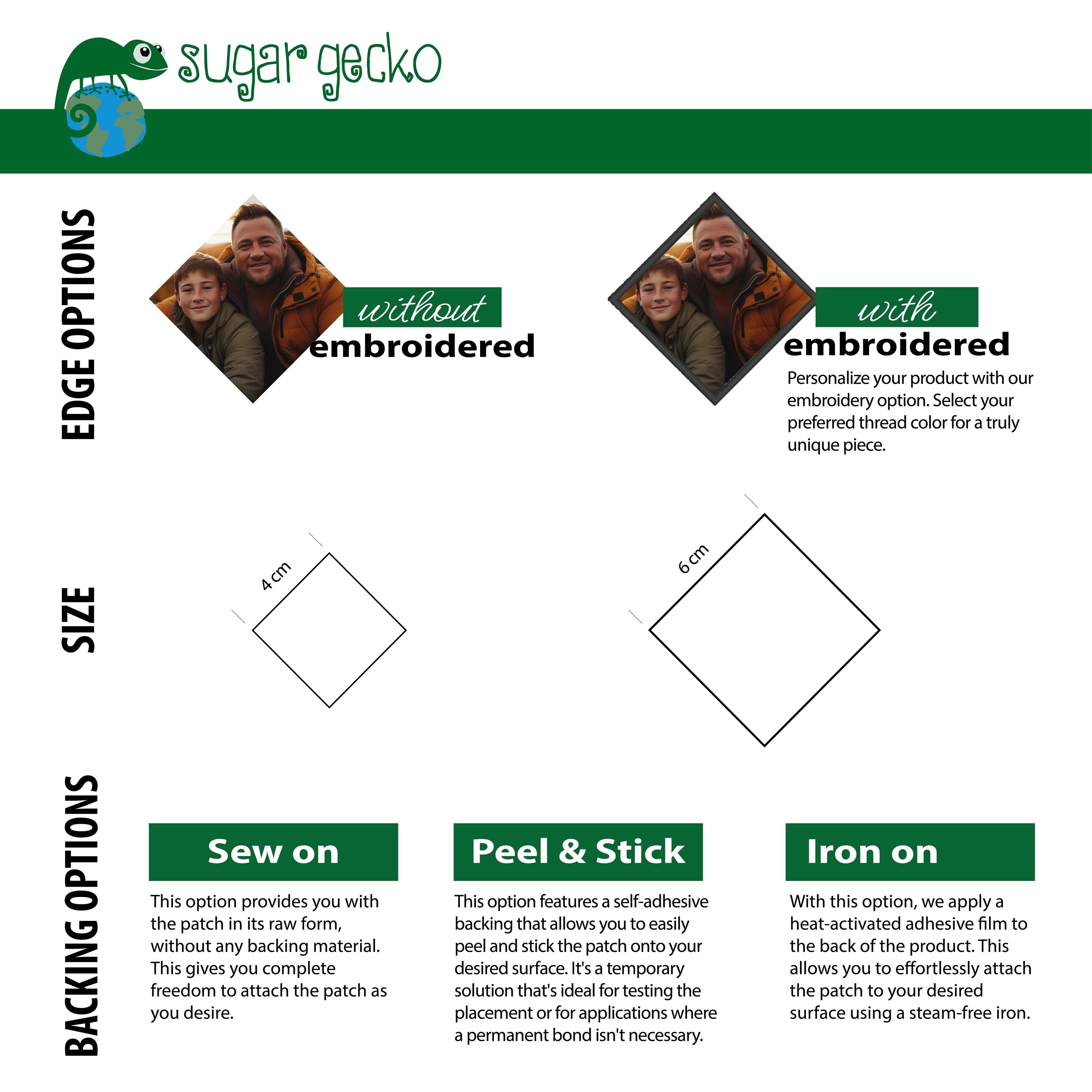 Product options for custom patches including edge choices and backing methods for personalization.