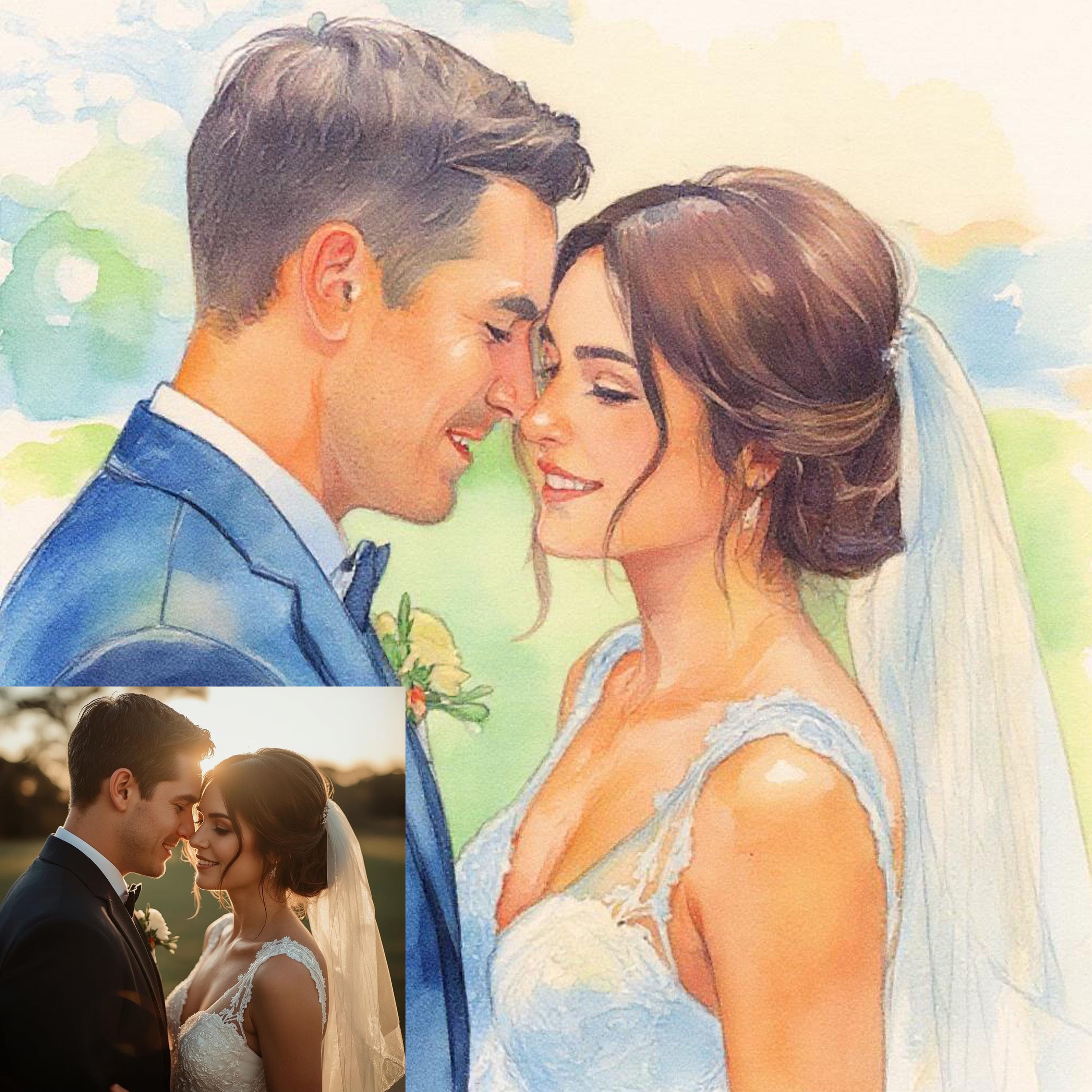 Custom watercolor portrait of a couple from a wedding photo, showcasing love and emotion in beautiful colors.