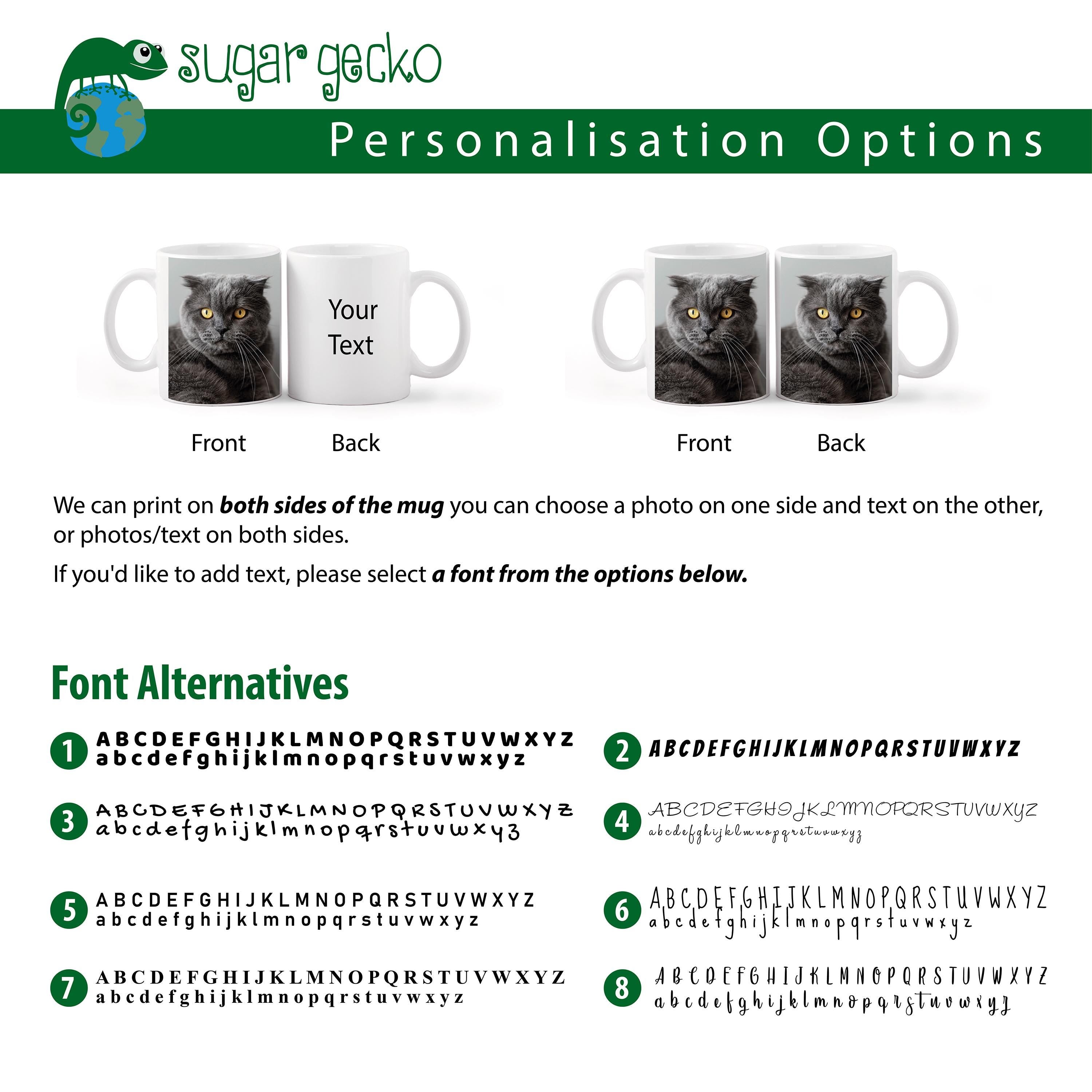 Personalised pet photo mug options showcasing front and back design with text customization and font choices.