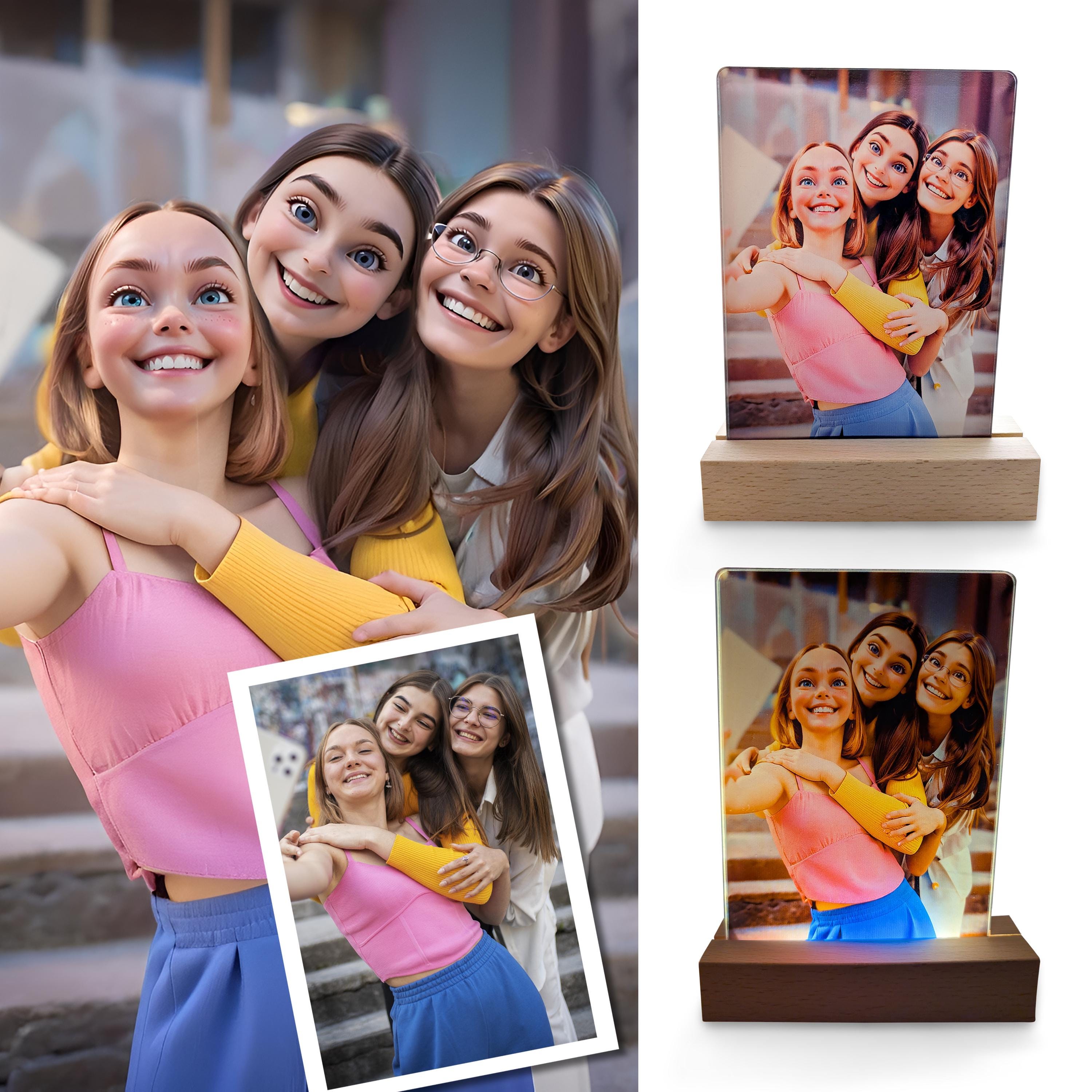 Custom 3D cartoon-style portrait of three smiling friends on metal and acrylic prints.