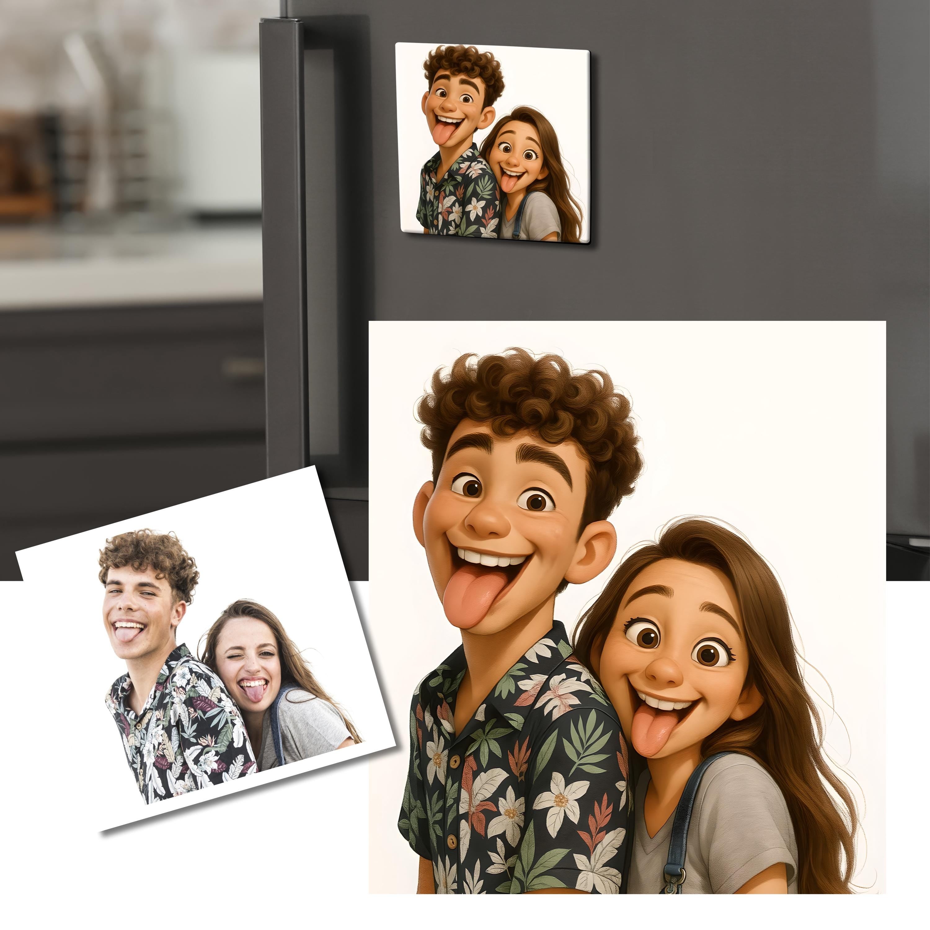 Custom 3D cartoon portrait prints displayed on fridge, showcasing playful characters.