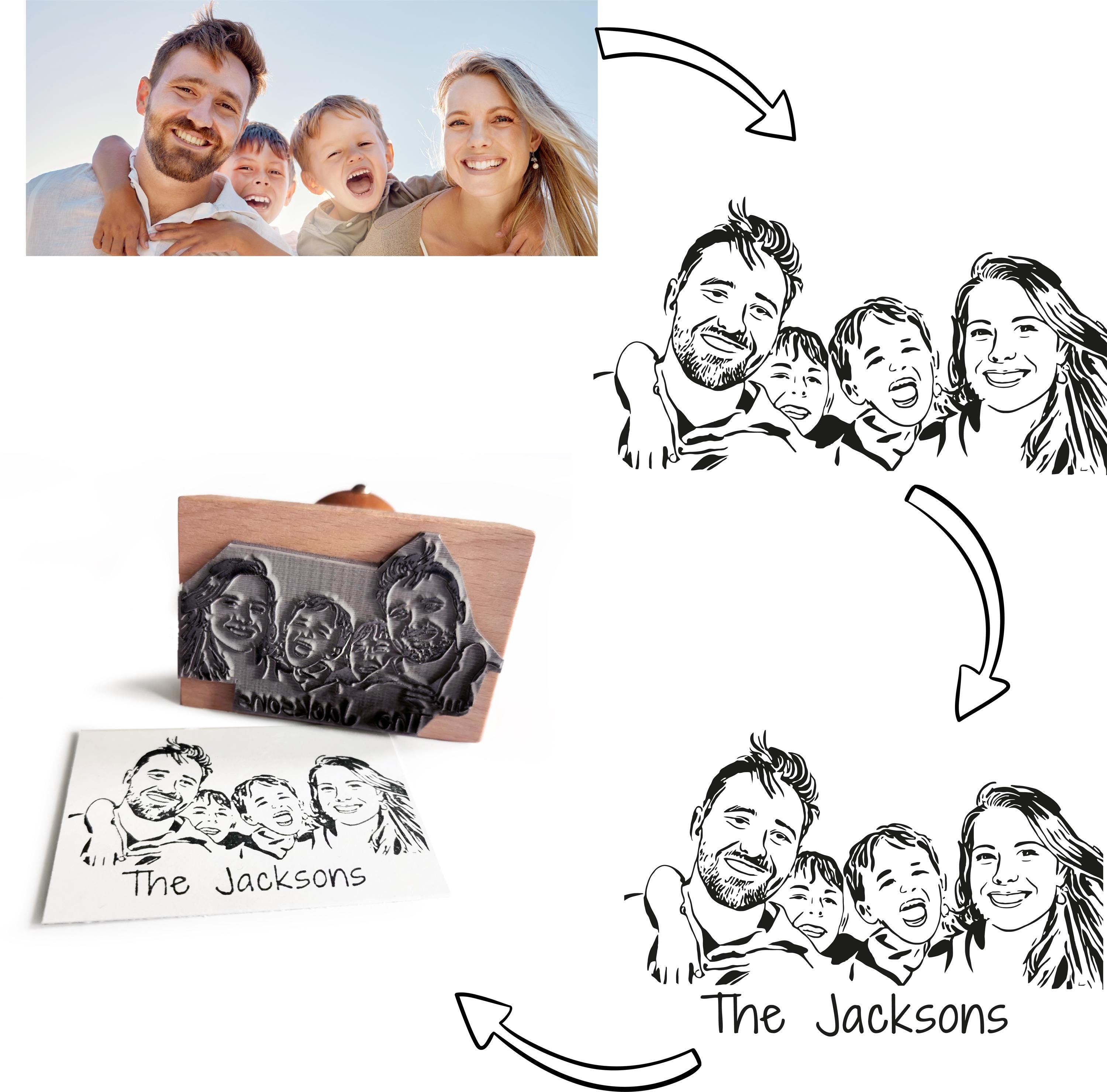 Custom portrait stamp showing a family photo transformed into a hand-drawn rubber stamp for personalized gifts.