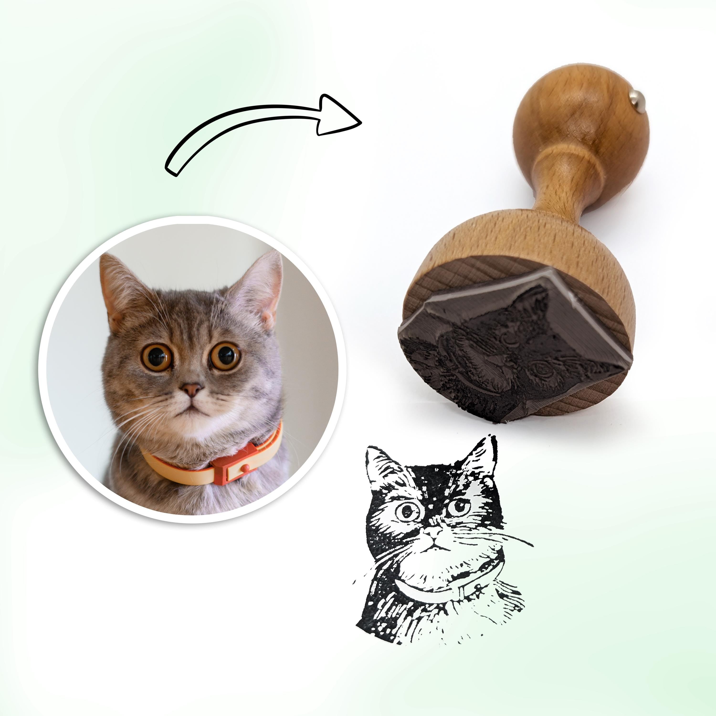 Custom portrait cat stamp created from a photo, showing pet face and detailed rubber design.