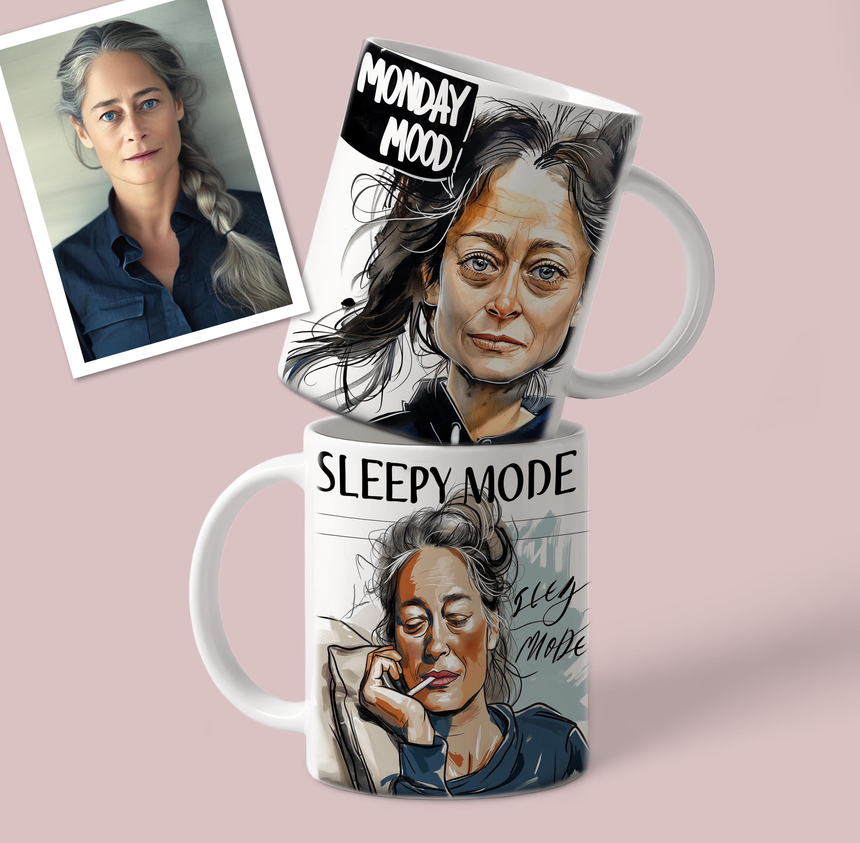 Custom ceramic coffee mugs showing 'Monday Mood' and 'Sleepy Mode' illustrations, perfect for personalizing with a name.