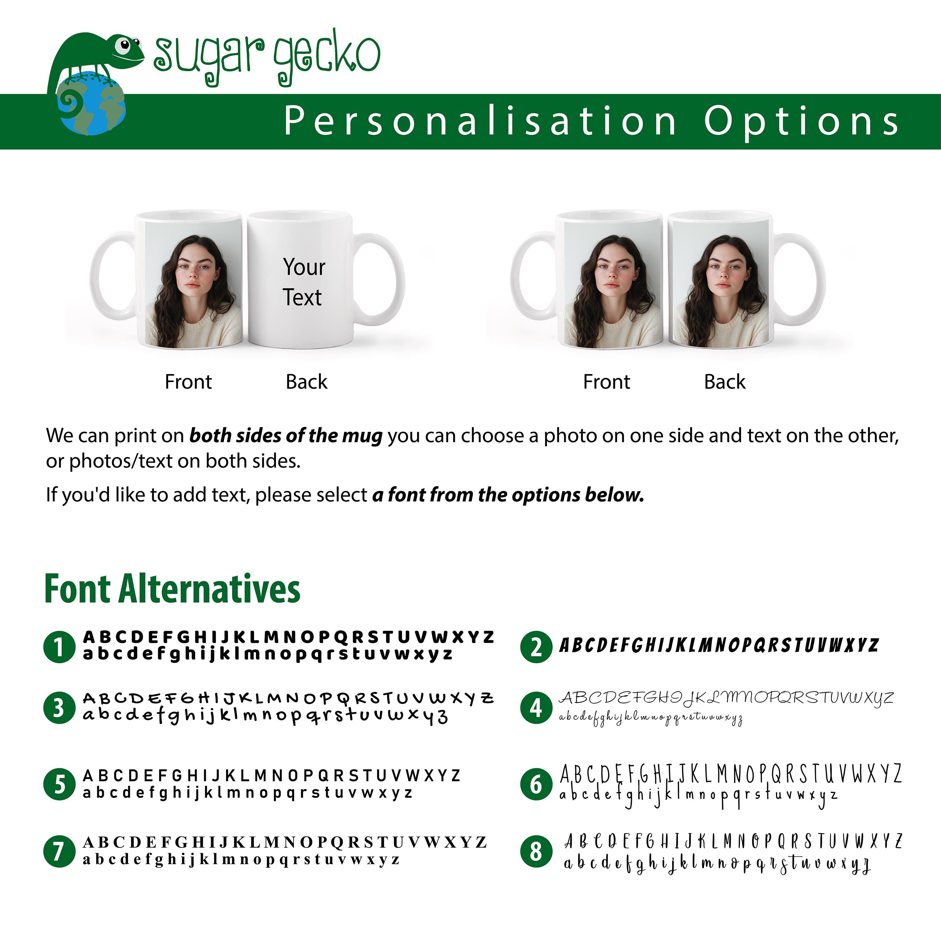 Personalization options for custom portrait mugs showing front and back designs with font alternatives.