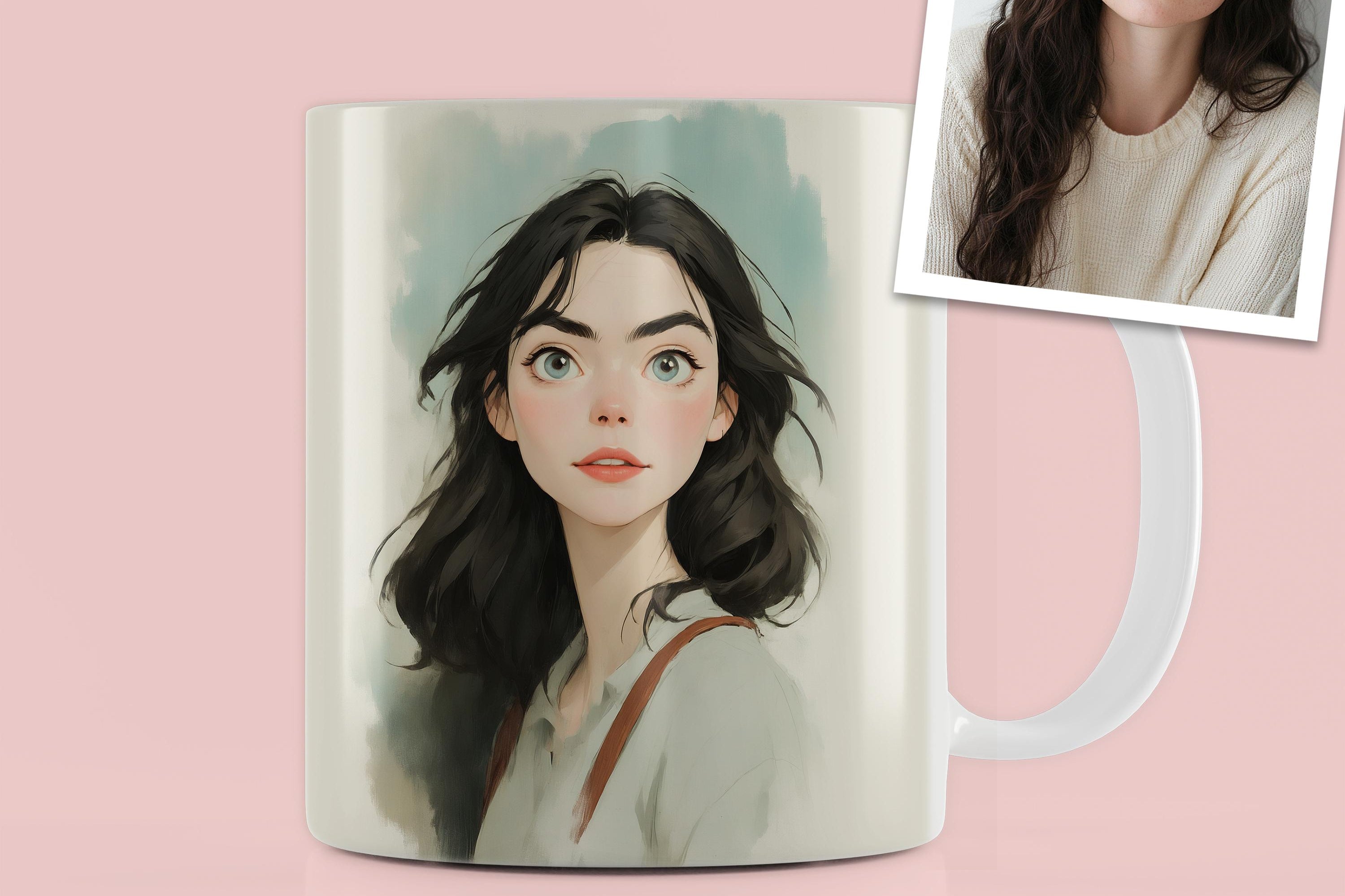 Custom portrait mug featuring a whimsical illustration of a young woman against a soft background.
