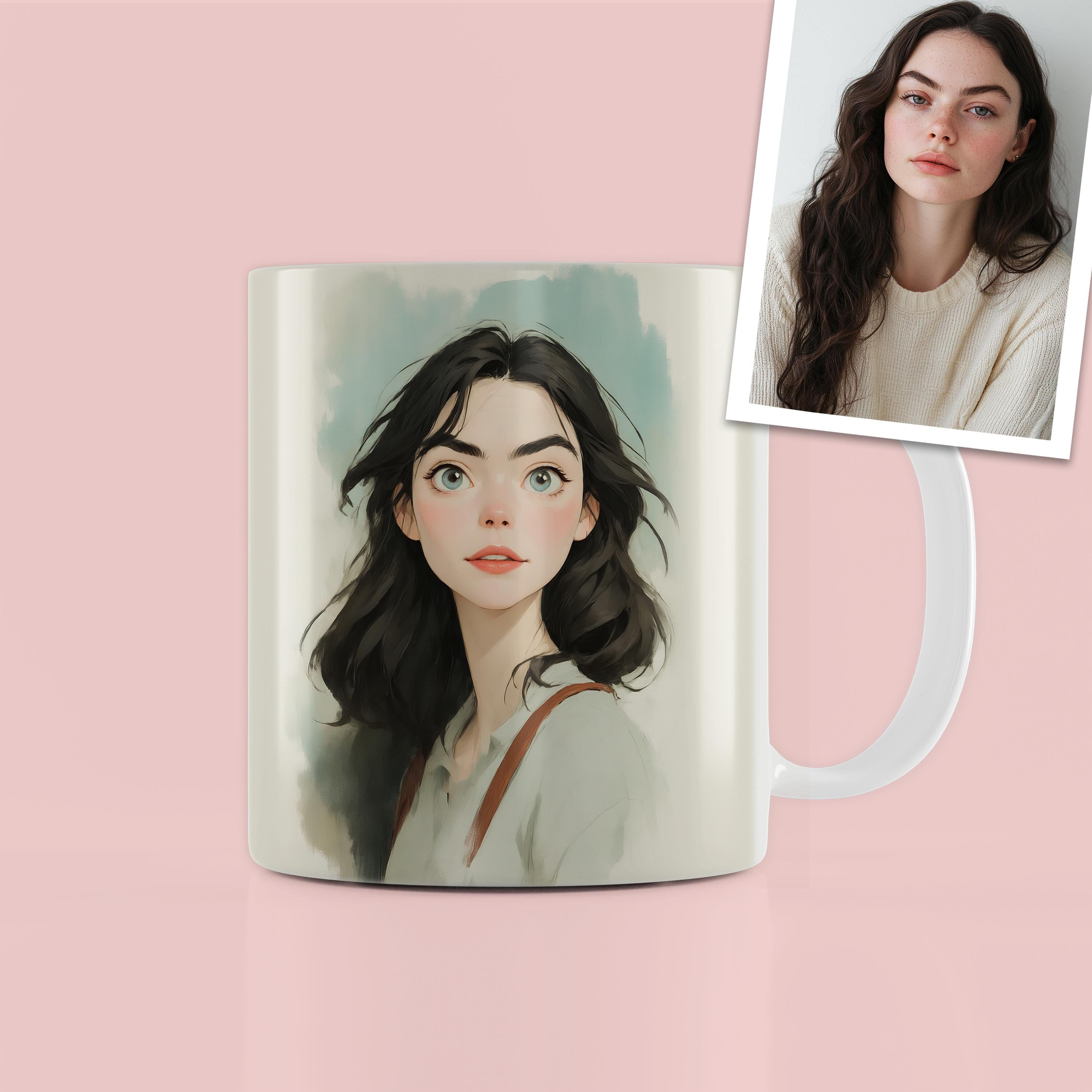 Custom portrait mug featuring a whimsical illustration of a young woman against a soft background.