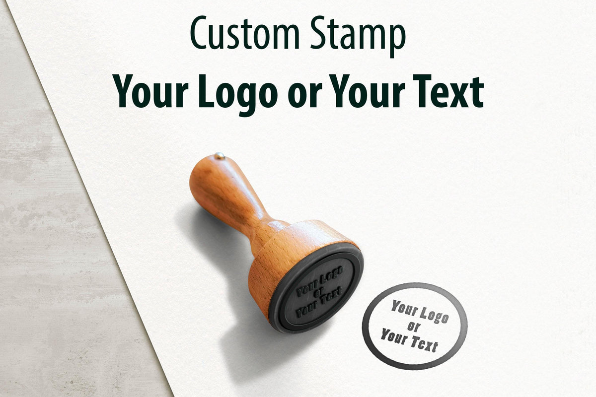 Custom logo stamp with wooden handle for personalized branding and artwork.