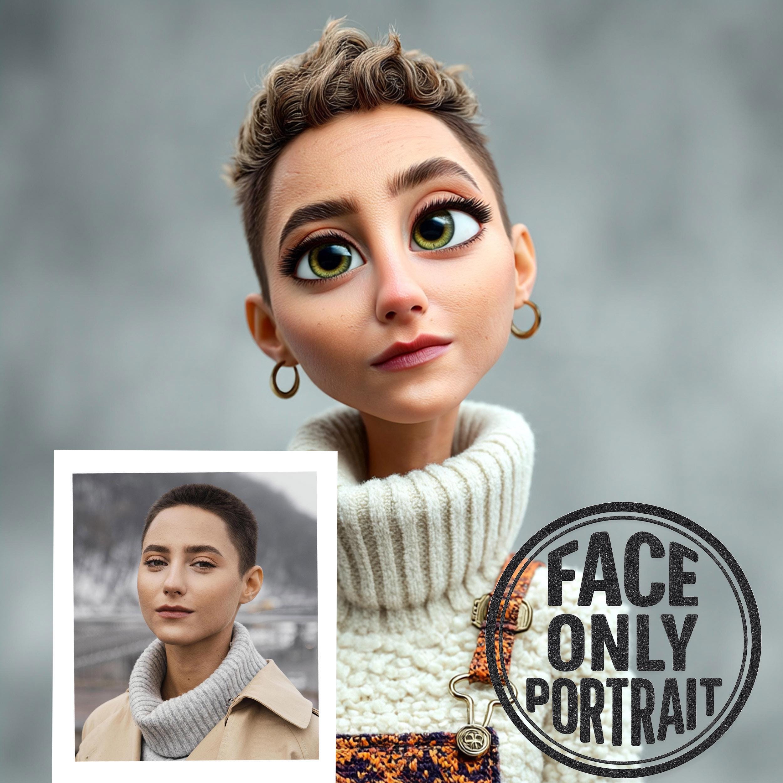 Custom face cartoon portrait of a woman with big eyes and a stylish sweater, showcasing vibrant colors and caricature art.