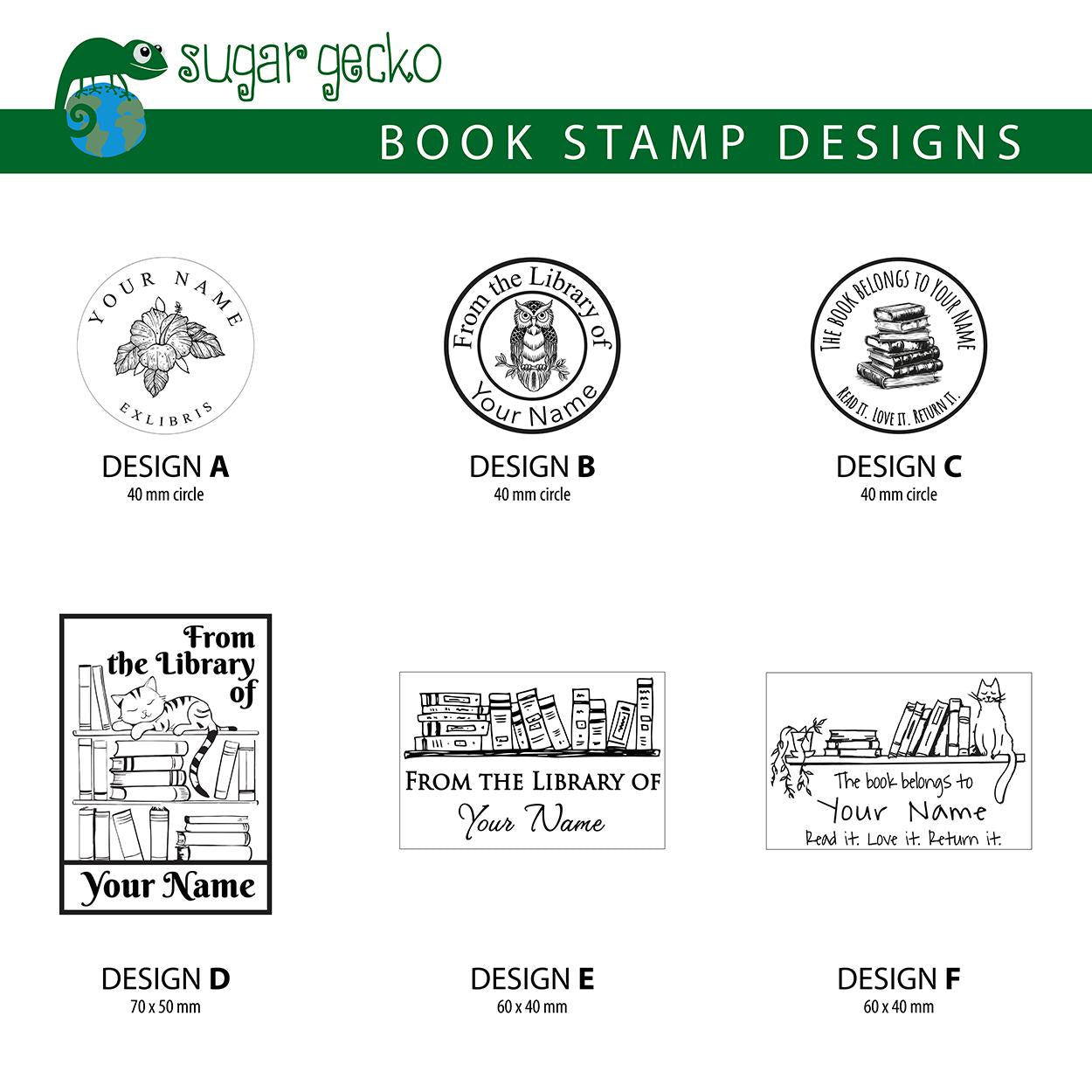 Six custom book stamp designs showcasing personalized library options for book lovers.