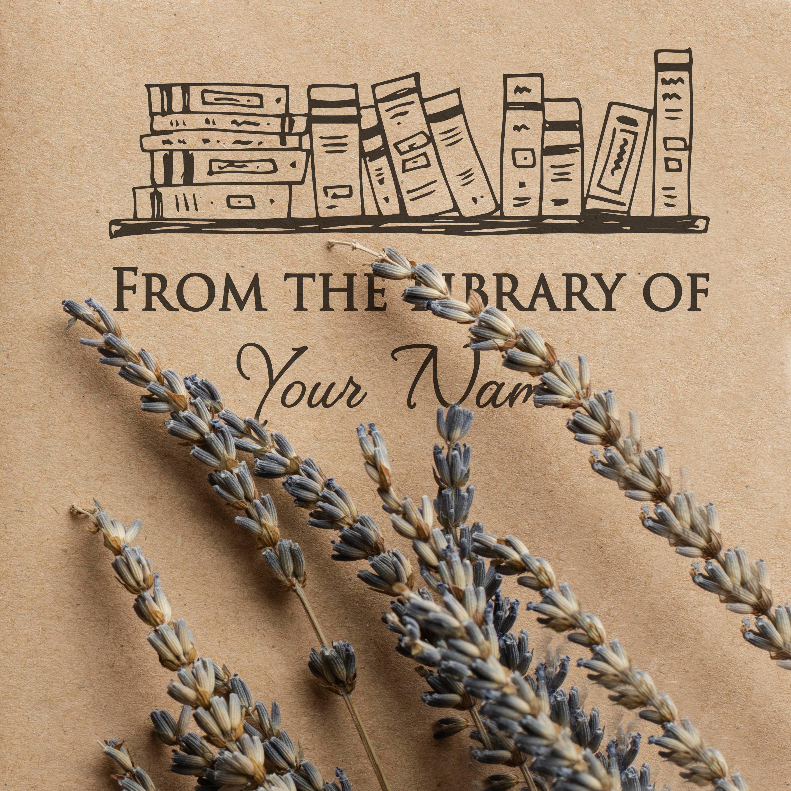 Personalized library stamp design with lavender flowers, featuring 'From the Library of' text.