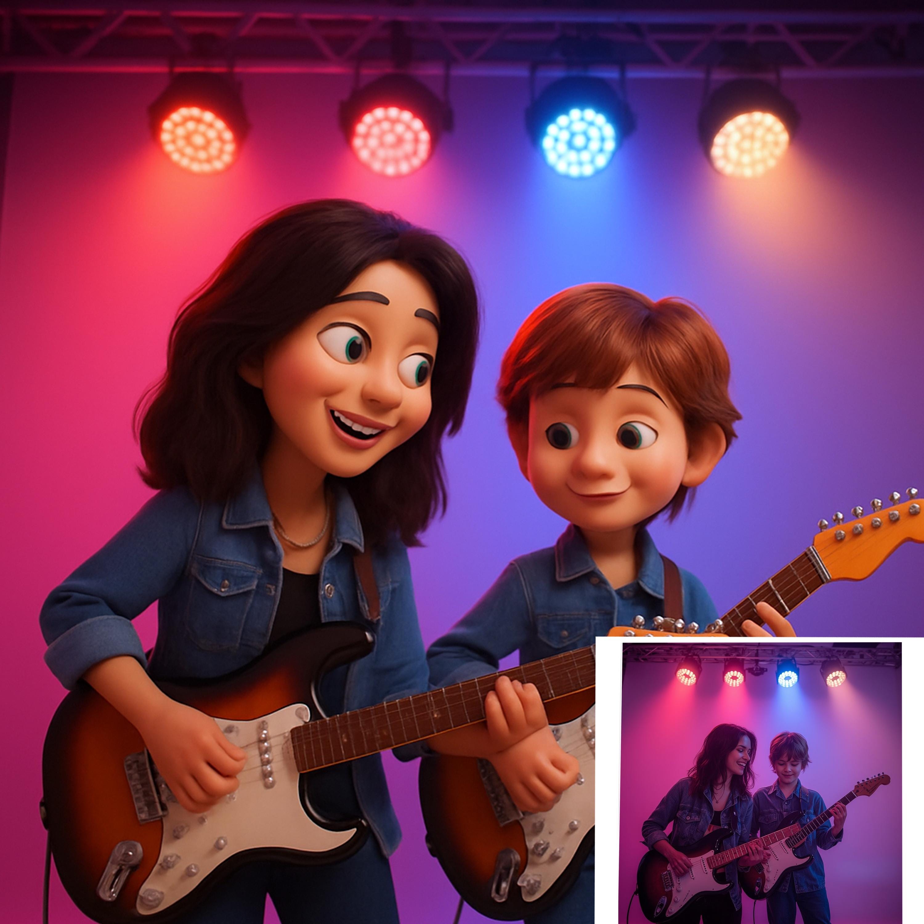 Cartoon-style illustration of a woman and boy playing guitars together under colorful stage lights.