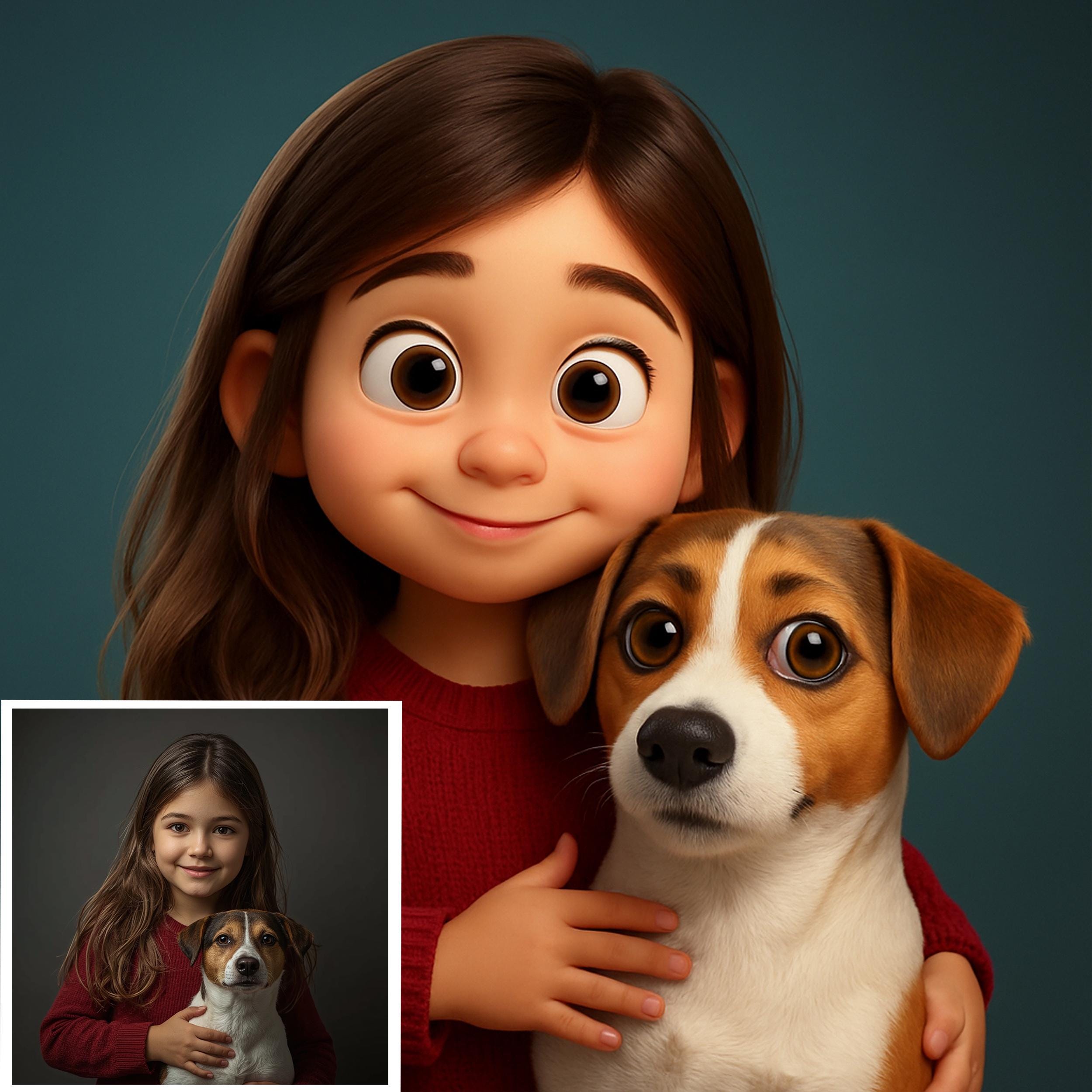 3D cartoon-style portrait of a girl with her dog, inspired by favorite photos, perfect for gifts and keepsakes.