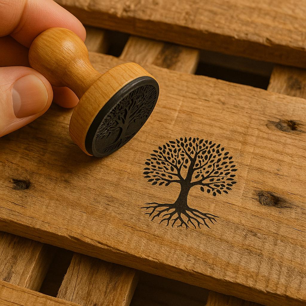 Custom wooden rubber stamp leaving a tree imprint on a wooden pallet, showing durability for oil-based ink.