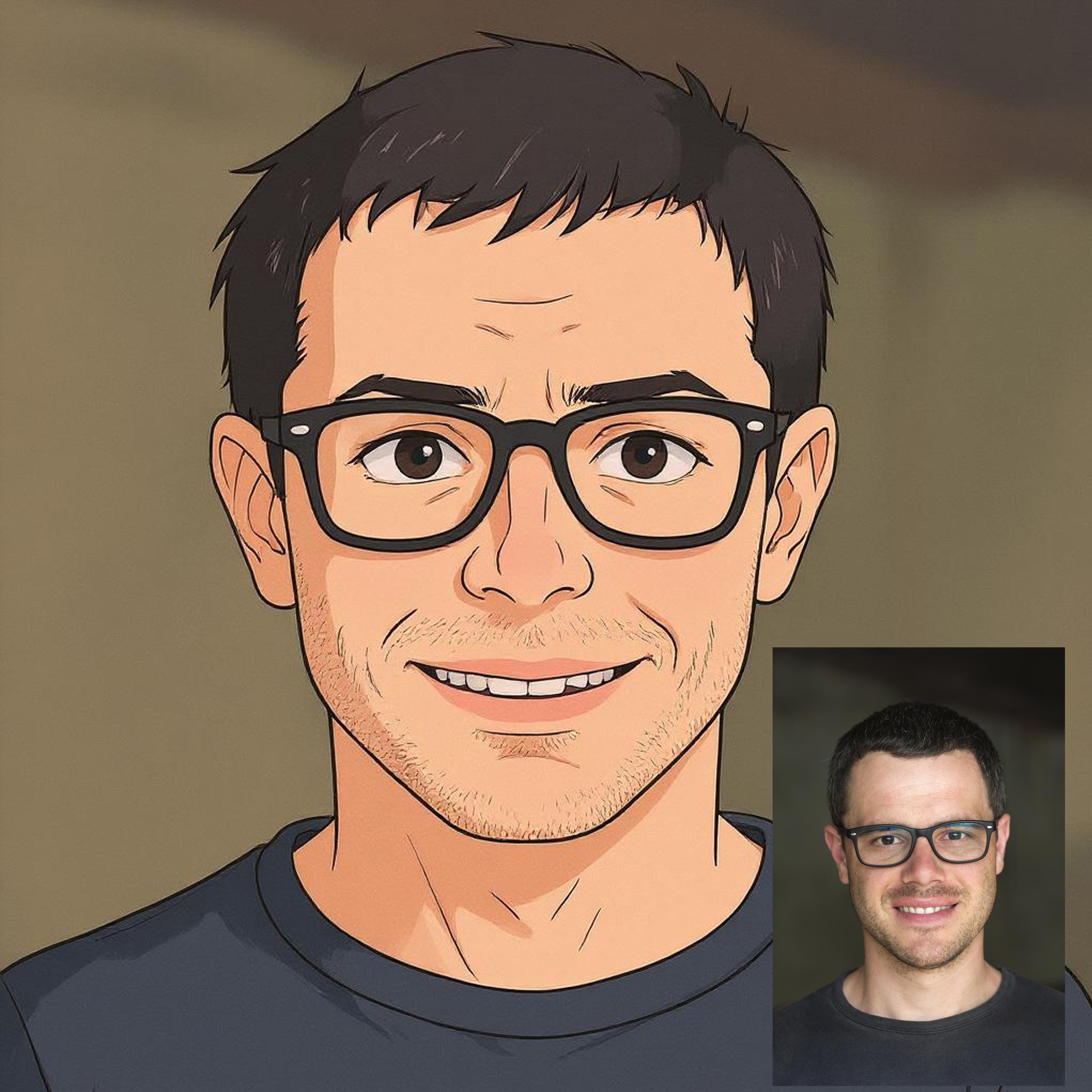 Custom whimsical pastel anime portrait of a man with glasses, inspired by a personal photo, digital download.