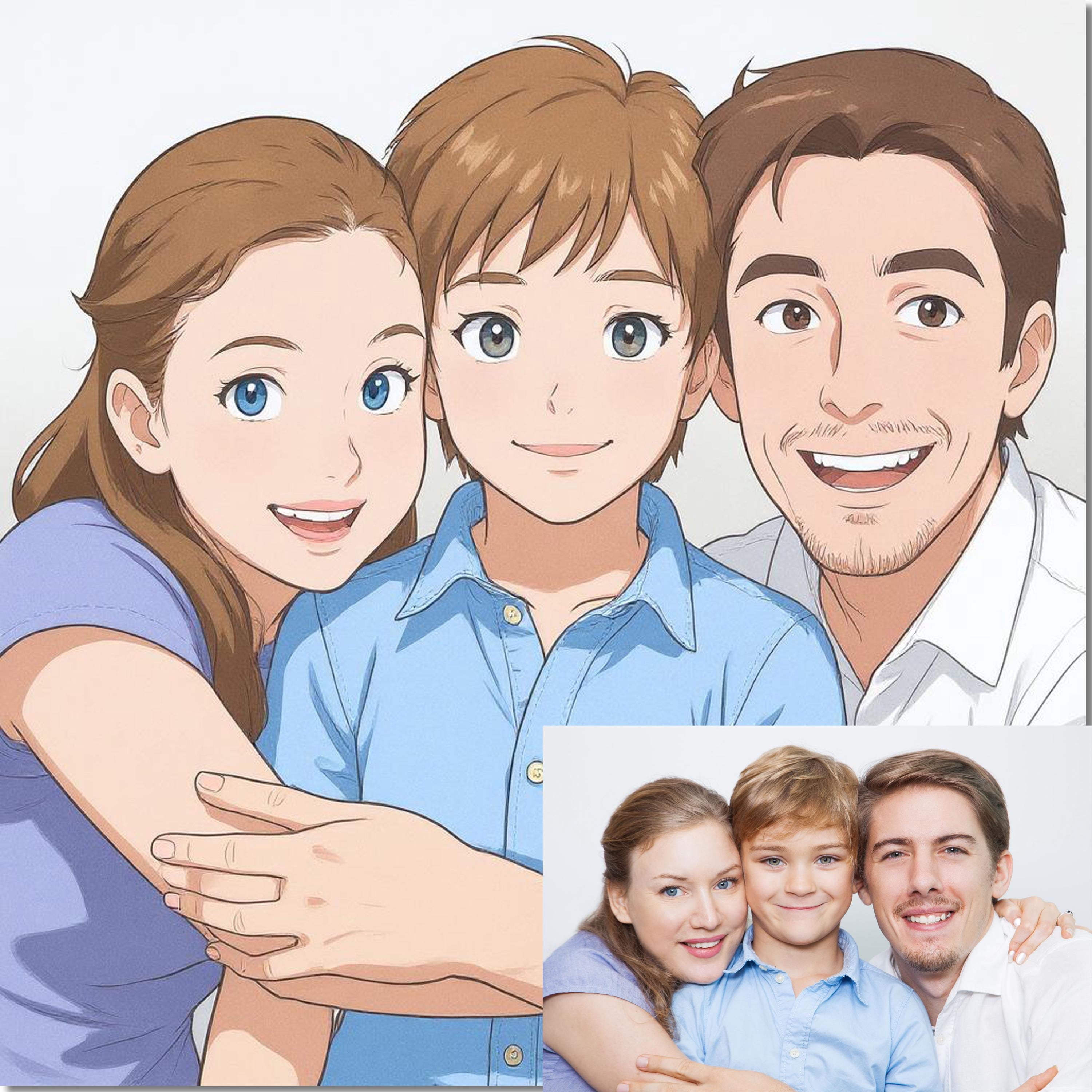 Custom pastel anime portrait of a happy family from a cherished photo, perfect for gifts or personal keepsakes.